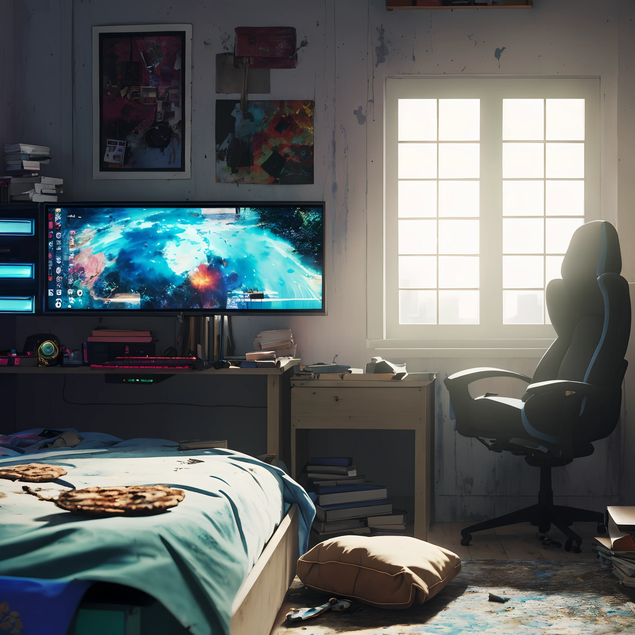 best quality,4k,8k,highres,masterpiece:1.2),ultra-detailed,(realistic,photorealistic,photo-realistic:1.37),teenage man's bedroom,unmade bed,closed window in the morning,gaming chair,RGB monitor,RGB gaming cabinet,world map on the wall,desk with books and stationary,posters of favorite bands,stacked gaming controllers,headset on the desk,open pizza box,dirty clothes on the floor,soft natural lighting,cool blue color tone,A shoe and sock thrown on the floor, (photorealistic:1.37), (ultra-detailed), (dynamic illumination), (rich colors), (8k), (wallpaper), textured surface, worn-out appearance, wooden floor, contrasting shadows, slight reflection on the shoe, compelling composition, messy arrangement, sunlight streaming through the window, vibrant colors, exquisite details, intricate pattern on the sock, fine wrinkles on the shoe, high-resolution image