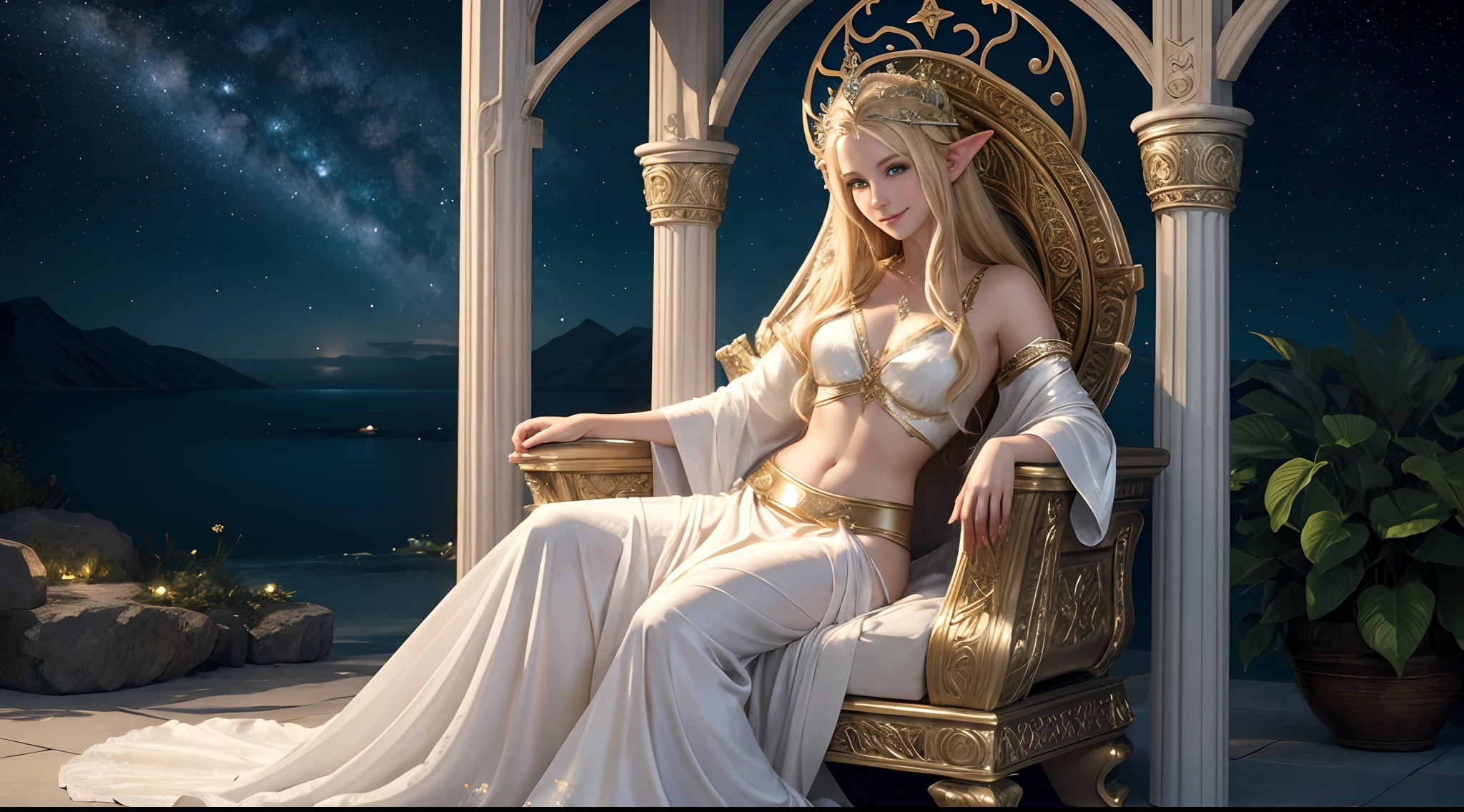 Vivid depiction、3DCG、Clear photos、A beautiful elf woman in her twenties, resembling Princess Zelda, wearing a luxuriously decorated robe with a white base that doesn't reveal much skin.、Long blonde hair、Emerald green eyes、Long eyelashes、Body is medium build、Ample breasts、Attractive body lines、sexy、Bewitching atmosphere、Troubled expression、Sitting on the floor、Pose with hands clasped in front of chest as if praying、Only the upper body is depicted、