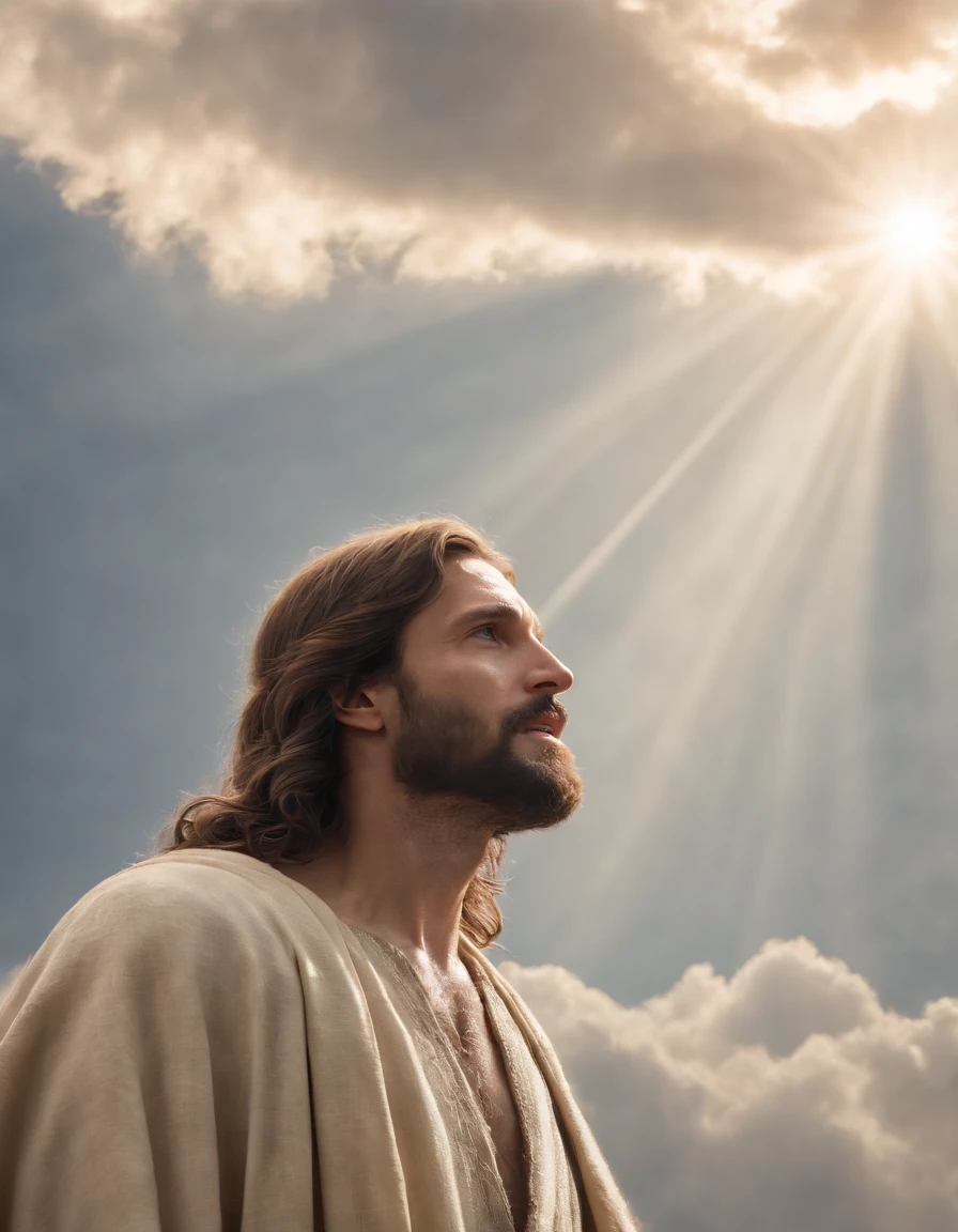 A photorealistic photo capturing Jesus on the cross, with a bird's-eye view looking straight down at Him. The focus of the image is on Jesus' face as He gazes up at the heavens, gasping for air in the midst of His crucifixion. The scene is set outdoors, with a clear sky in the background. The lighting should be dramatic, emphasizing the emotional intensity of the moment, with rays of sunlight breaking through the clouds to create a sense of divine presence.