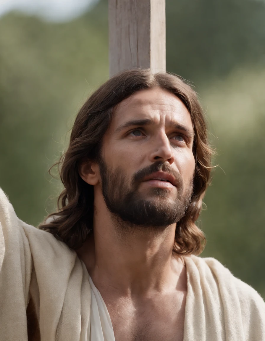 A photorealistic photo capturing Jesus on the cross, with a bird's-eye view looking straight down at Him. The focus of the image is on Jesus' face as He gazes up at the heavens, gasping for air in the midst of His crucifixion. The scene is set outdoors, with a clear sky in the background. The lighting should be dramatic, emphasizing the emotional intensity of the moment, with rays of sunlight breaking through the clouds to create a sense of divine presence.