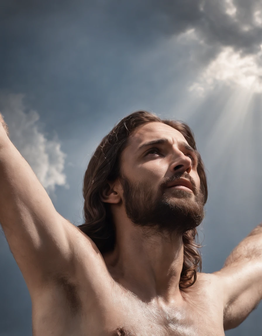 A photorealistic photo capturing Jesus on the cross, with a bird's-eye view looking straight down at Him. The focus of the image is on Jesus' face as He gazes up at the heavens, gasping for air in the midst of His crucifixion. The scene is set outdoors, with a clear sky in the background. The lighting should be dramatic, emphasizing the emotional intensity of the moment, with rays of sunlight breaking through the clouds to create a sense of divine presence.