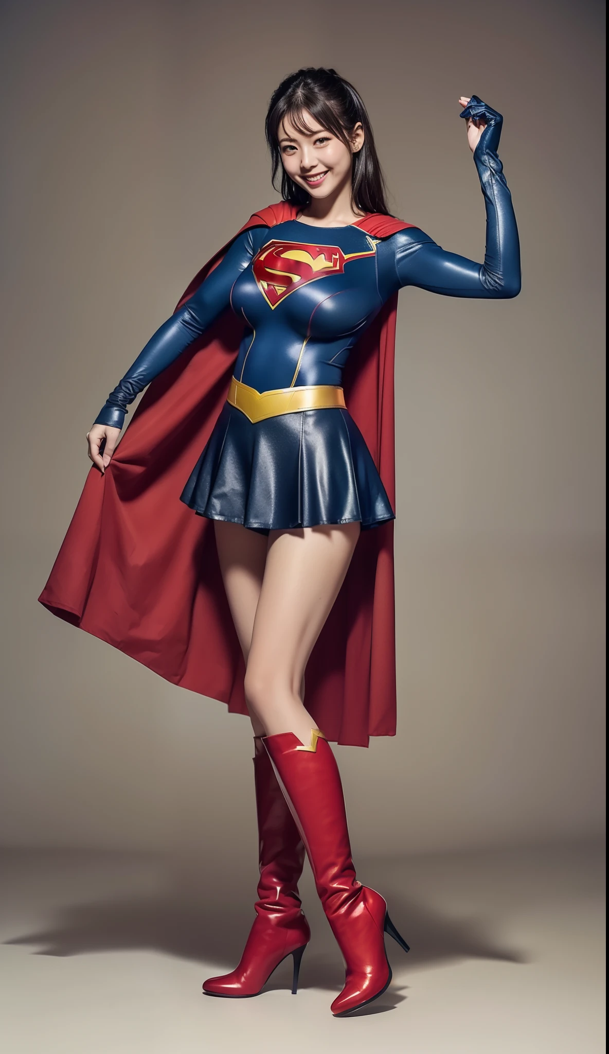 (((Make the most of the original image)))、(((Supergirl Costume)))、(((lustrous dark hair)))、(((Suffering)))、(((Feet must necessarily be worn with black tights)))、(((Smile)))、(((You need to wear red boots)))、((Top image quality、8K))、((top-quality、8K、masterpiece:1.3))、Crisp focus:1.2、Beautiful woman with perfect body shape:1.4、Slender Abs:1.2、((layers-Cut、large boob:1.2))、a wet body:1.5、Highly detailed facial and skin texture、