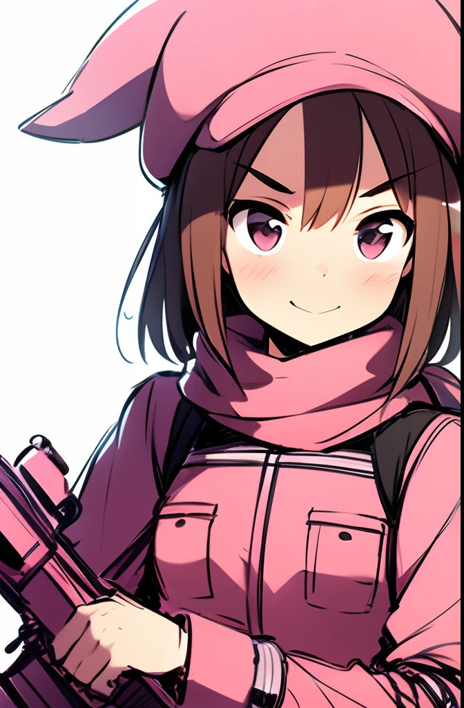 1girl, >:), animal_hat, artist_name, bullpup, commentary_request, ergot, gun, hat, llenn_(sao), looking_at_viewer, p90, photoshop_(medium), pink_theme, scarf, shaded_face, simple_background, sketch, smile, solo, submachine_gun, sword_art_online, sword_art_online_alternative:_gun_gale_online, trigger_discipline, uniform, upper_body, v-shaped_eyebrows, weapon, white_background