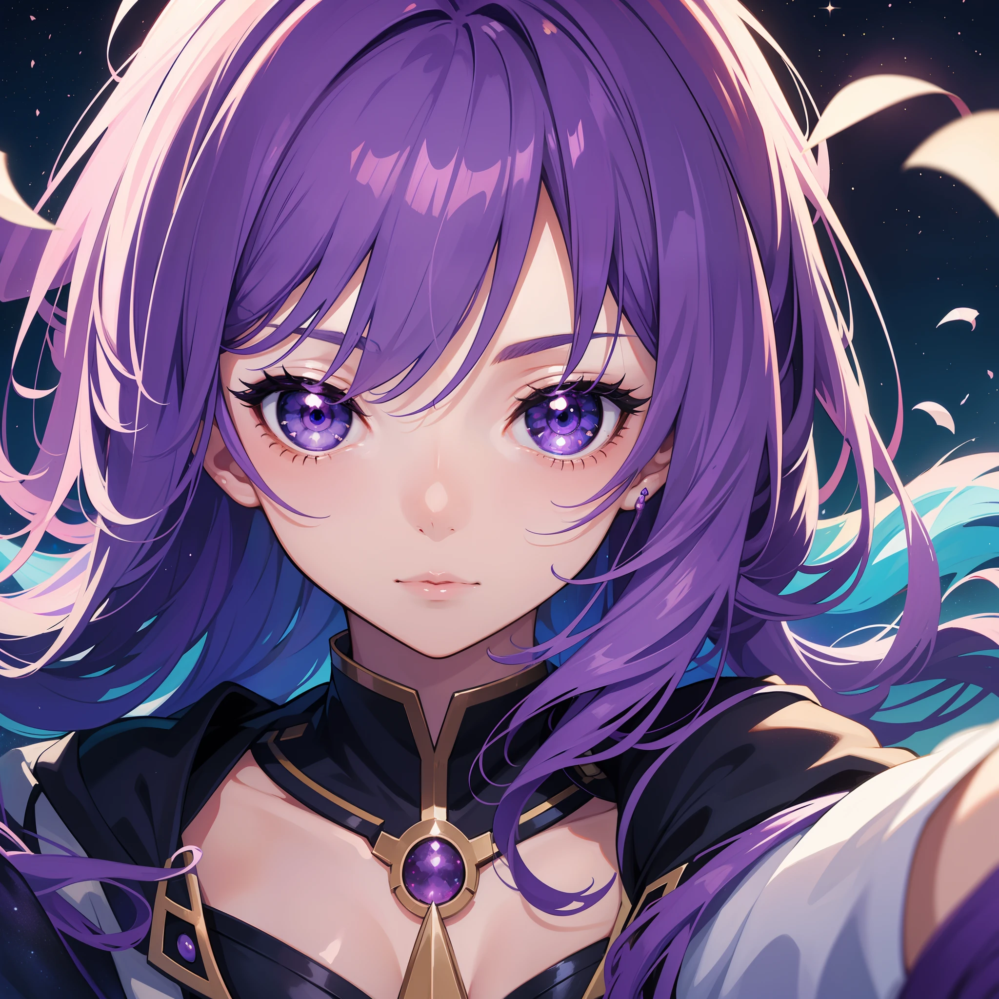 1girl, Beautiful girl, (purple hair), ((Eyes the color of the galaxy sky)), selfie, Realistic, ultra-detail, (anime style)