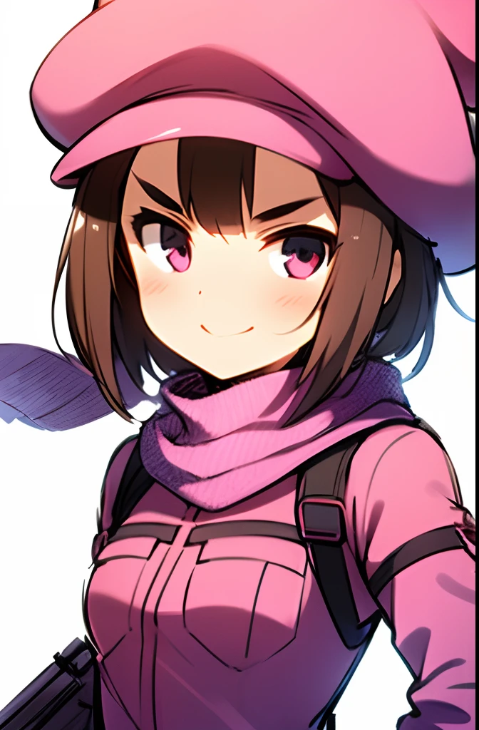 1girl, >:), animal_hat, artist_name, bullpup, commentary_request, ergot, gun, hat, llenn_(sao), looking_at_viewer, p90, photoshop_(medium), pink_theme, scarf, shaded_face, simple_background, sketch, smile, solo, submachine_gun, sword_art_online, sword_art_online_alternative:_gun_gale_online, trigger_discipline, uniform, upper_body, v-shaped_eyebrows, weapon, white_background