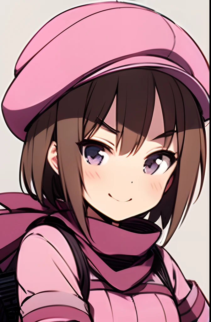 1girl, >:), animal_hat, artist_name, bullpup, commentary_request, ergot, gun, hat, llenn_(sao), looking_at_viewer, p90, photoshop_(medium), pink_theme, scarf, shaded_face, simple_background, sketch, smile, solo, submachine_gun, sword_art_online, sword_art_online_alternative:_gun_gale_online, trigger_discipline, uniform, upper_body, v-shaped_eyebrows, weapon, white_background