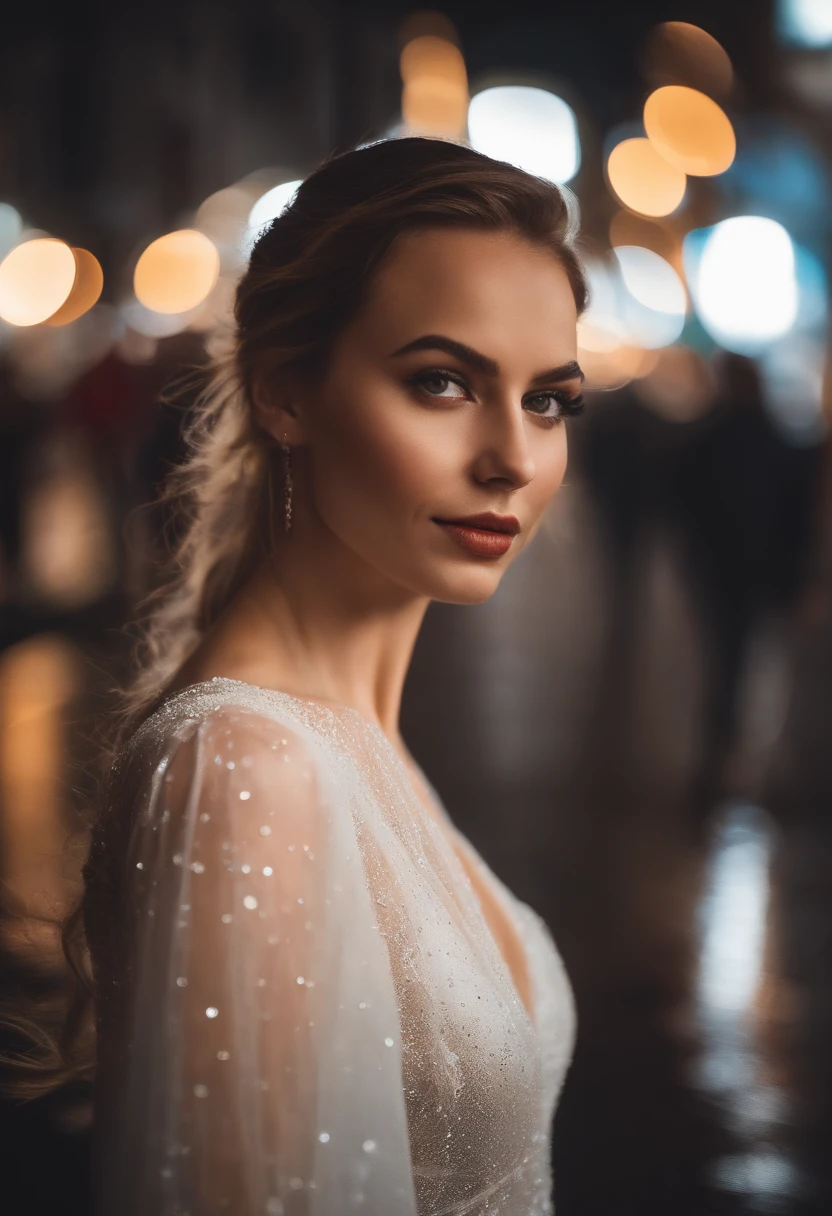 instagram photo, closeup face photo of 25 y.o swedish woman in white transparent thin nice and stylisch dress, beautiful face, makeup, night city street, bokeh, motion blur, it´s raining, wet thin nice and stylisch dress, photo, cinematic, fashion, poster