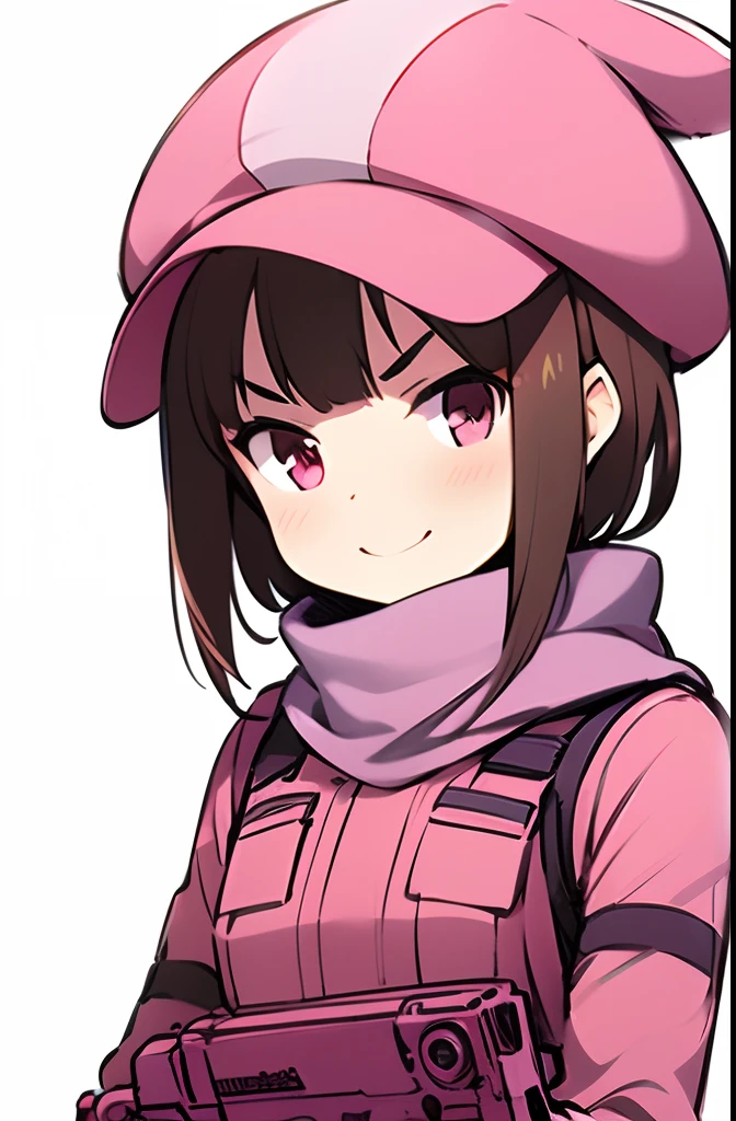 1girl, >:), animal_hat, artist_name, bullpup, commentary_request, ergot, gun, hat, llenn_(sao), looking_at_viewer, p90, photoshop_(medium), pink_theme, scarf, shaded_face, simple_background, sketch, smile, solo, submachine_gun, sword_art_online, sword_art_online_alternative:_gun_gale_online, trigger_discipline, uniform, upper_body, v-shaped_eyebrows, weapon, white_background