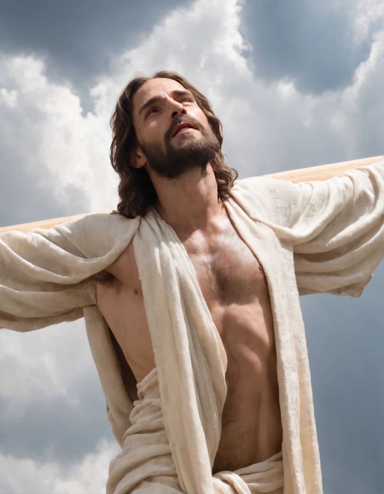 A photorealistic photo capturing Jesus on the cross, with a bird's-eye view looking straight down at Him. The focus of the image is on Jesus' face as He gazes up at the heavens, gasping for air in the midst of His crucifixion. The scene is set outdoors, with a clear sky in the background. The lighting should be dramatic, emphasizing the emotional intensity of the moment, with rays of sunlight breaking through the clouds to create a sense of divine presence.