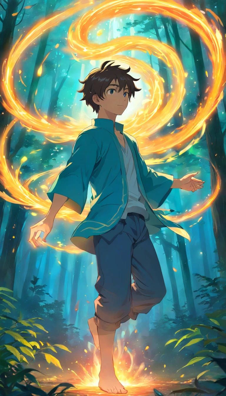 Amidst an ancient and overgrown forest, the essence of magic takes form through a young man, his hair as dark as the shadows and his eyes a radiant golden blaze. A mystical mark graces his neck, shimmering with latent power. Within a clearing, he stands engulfed in a cascading torrent of flames, the fire's heat tempered by an otherworldly energy. As the magical fire spirals and dances, it conjures a swirling dance of luminous particles, each a fragment of his ethereal aura. Arcane symbols materialize in midair, their glow casting an eerie light on his intense focus. The scene exudes a sense of ancient power and hidden knowledge, as if the woods themselves are alive with long-forgotten secrets. The mood is one of serene intensity, where the balance of nature and magic intertwine. The illustration style captures this mystical aura through detailed digital artistry, combining intricate linework with vibrant color palettes. --ar 16:9 --v 5