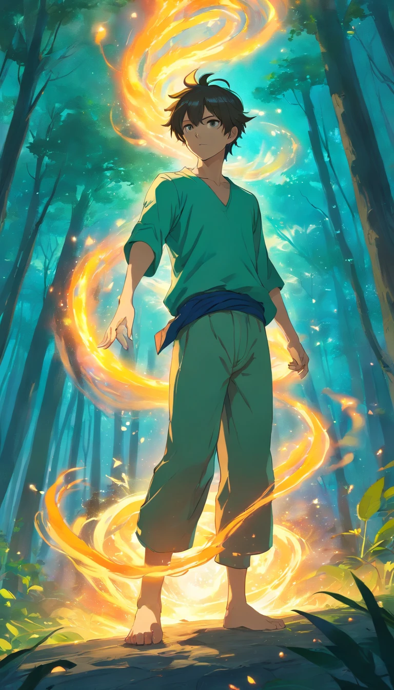 Amidst an ancient and overgrown forest, the essence of magic takes form through a young man, his hair as dark as the shadows and his eyes a radiant golden blaze. A mystical mark graces his neck, shimmering with latent power. Within a clearing, he stands engulfed in a cascading torrent of flames, the fire's heat tempered by an otherworldly energy. As the magical fire spirals and dances, it conjures a swirling dance of luminous particles, each a fragment of his ethereal aura. Arcane symbols materialize in midair, their glow casting an eerie light on his intense focus. The scene exudes a sense of ancient power and hidden knowledge, as if the woods themselves are alive with long-forgotten secrets. The mood is one of serene intensity, where the balance of nature and magic intertwine. The illustration style captures this mystical aura through detailed digital artistry, combining intricate linework with vibrant color palettes. --ar 16:9 --v 5