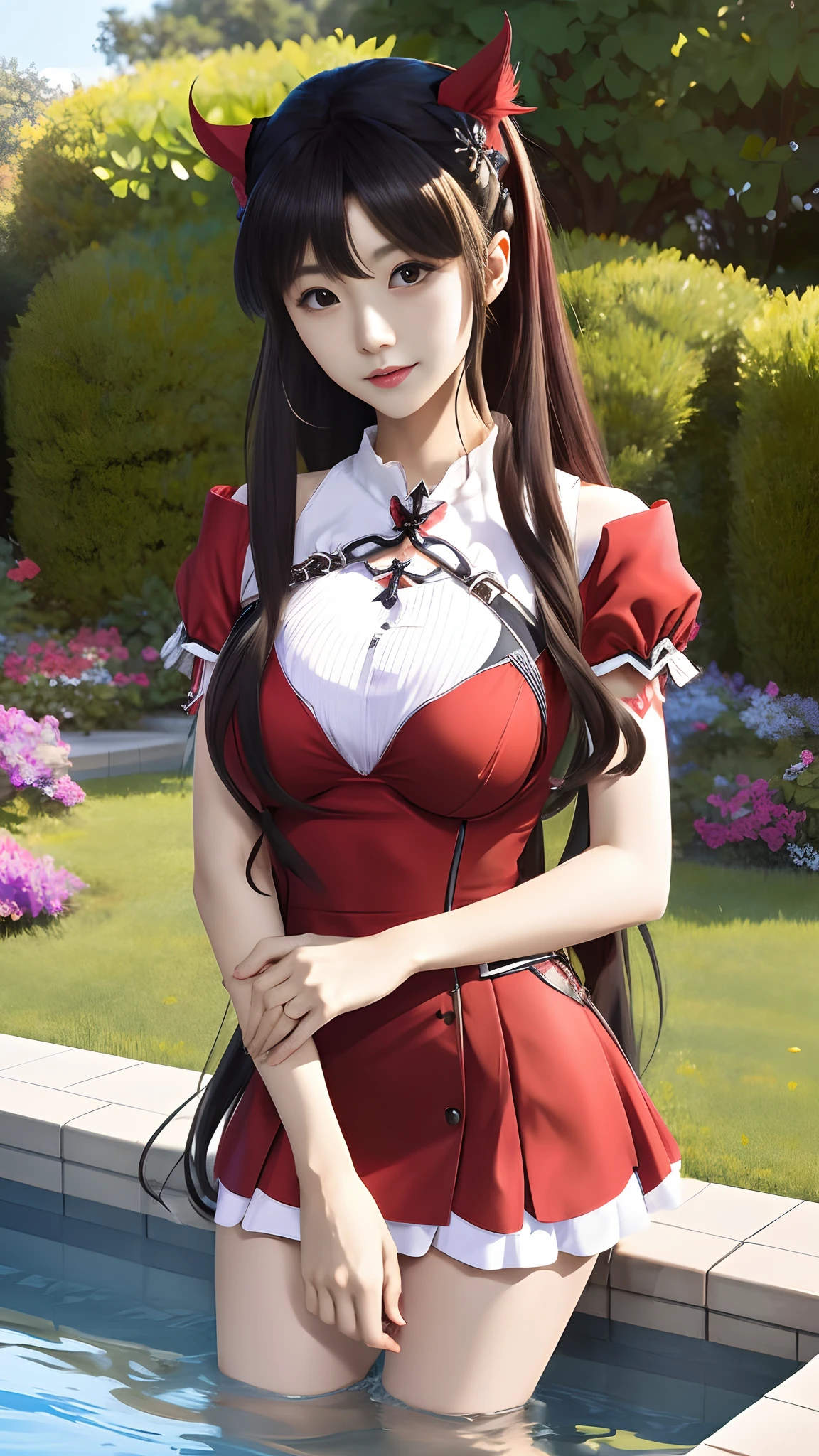 masterpiece, highest quality, One Girl, Thighs, beautiful girl, Flowers, たくさんの小さなflowerびら, flower、Small waist, RAWphotograph,Bright lighting、Face Light, Ultra-realistic, High resolution, photograph, Sharp focus, Highly detailed eyes and face,Symmetrical face, whole body、Large Breasts、Long Hair、チラリと見えるThighs、Cleavage、Red Micro Mini Skirt、White high heels、White lace shirt、No sleeve、Hair tied back with a big red ribbon、Mountain trail、White high heels