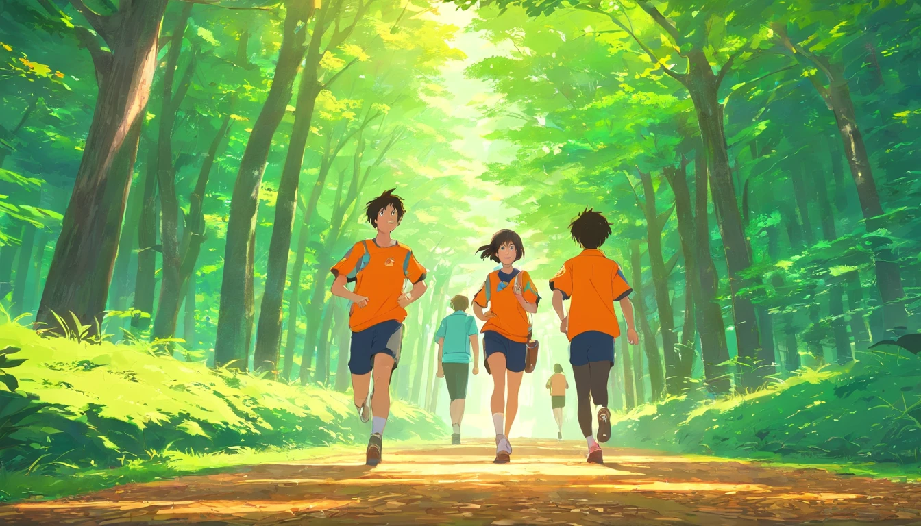 A university's orienteering team has four boys and four girls，They wore orange training clothes，short blouse，Cropped pants，They run against the wind in the forest，Two 50-year-old coaches watched silently from behind