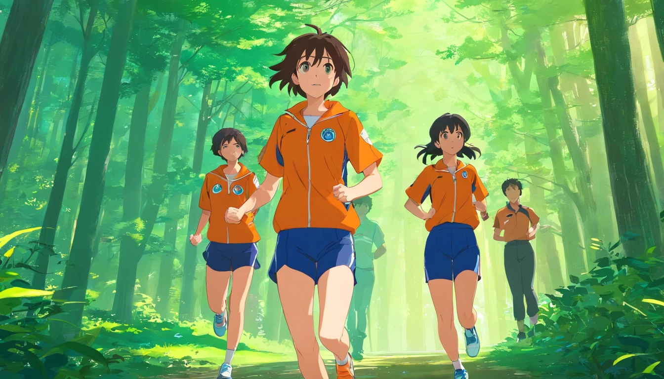 A university's orienteering team has four boys and four girls,They wore orange training clothes,short blouse,Cropped pants,They run against the wind in the forest,Two 50-year-old coaches watched silently from behind