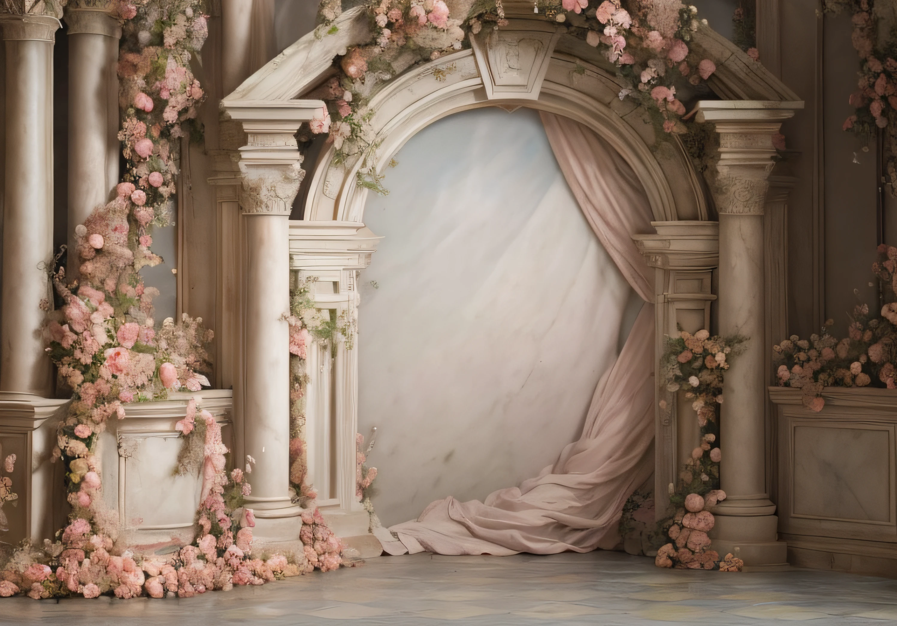 There is a room with a large arch and a lot of flowers, stunning arcanum backdrop, Baroque painting scenery, ornate backdrop, Ornate and intricate scenery, portal feito de rosas, arcos brancos arrebatadores, floral painted backdrop, sonhador e detalhado, barroco elegante, atmospheric beautiful details, ornate and flowing, arcos cor-de-rosa, gradientes suaves. baroque period