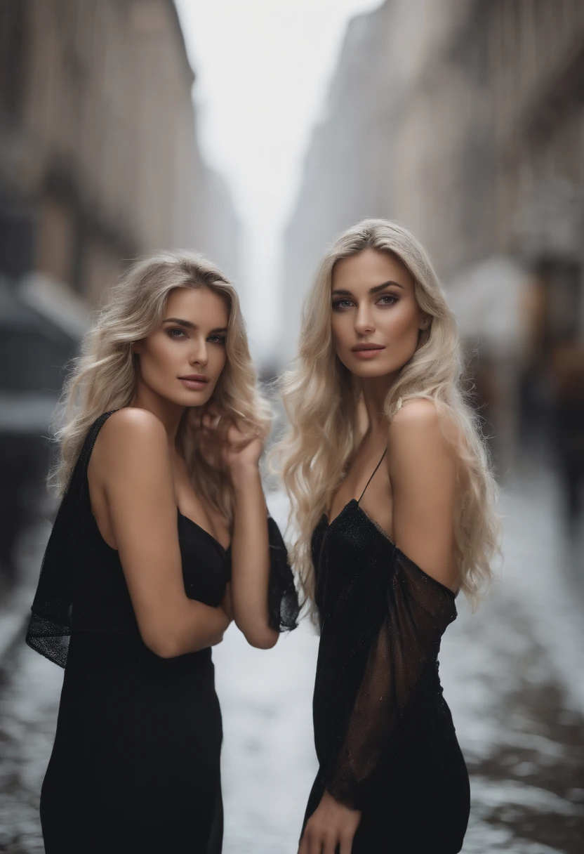 professional body photograph of two gorgeous Spanish girls, a blonde girl and a girl with black hairs, they are taking a shower with a transparent wet summer clothing with long wavy blonde and black hair, sultry flirty look, (freckles), gorgeous symmetrical faces, cute natural makeup,upper body, wearing elegant white very thin and transparent summer fashion clothing, ((standing outside in snowy city street)), stunning modern urban environment, ultra realistic, concept art, elegant, highly detailed, intricate, sharp focus, depth of field, f/1. 8, 85mm, medium shot, mid shot, (((professionally color graded))), bright soft diffused light, (volumetric fog), trending on instagram, hdr 4k, 8k