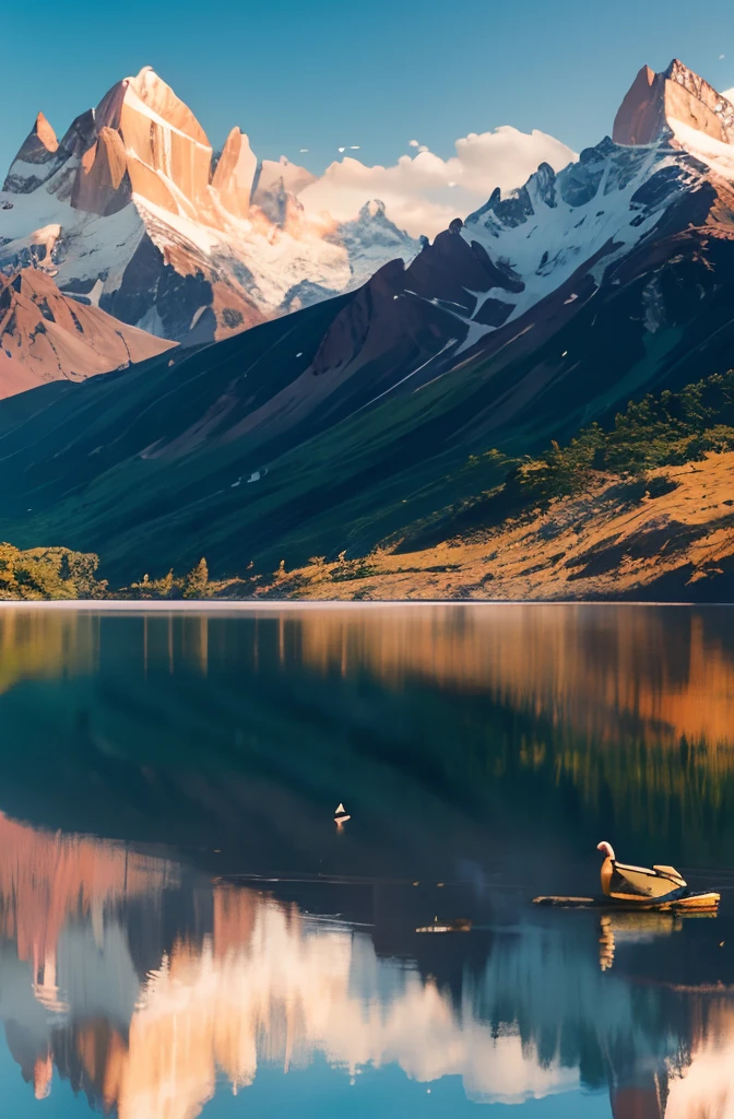 Photography, Lake, Argentina, Patagonia, huge mountains at the backgroud, ducks and a boat at the water, realistic photograph, 300mm caption, ambient natural light, shiny water, perfect reflex