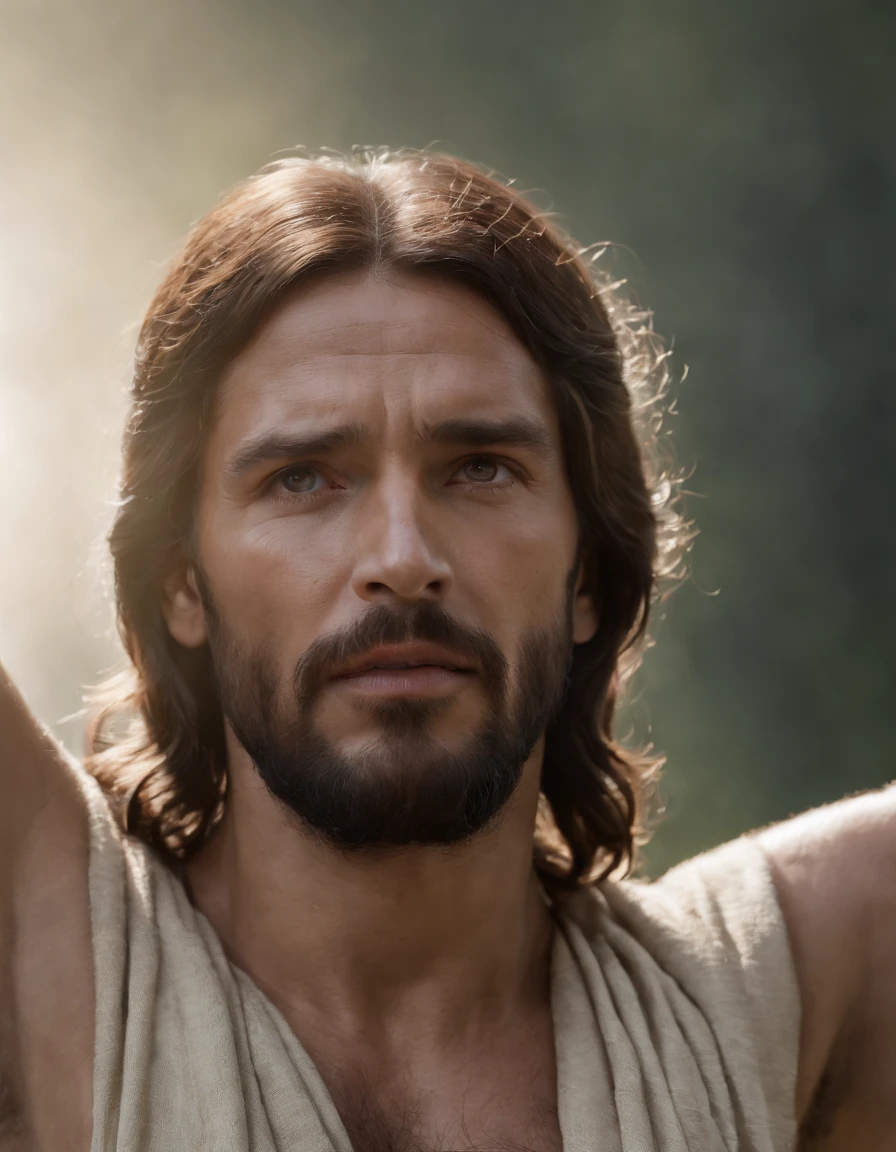 A photorealistic photo capturing Jesus on the cross, with a bird's-eye view looking straight down at Him. Crown of thrones. The focus of the image is on Jesus' face as He gazes up at the heavens, gasping for air in the midst of His crucifixion. The scene is set outdoors, with a clear sky in the background. The lighting should be dramatic, emphasizing the emotional intensity of the moment, with rays of sunlight breaking through the clouds to create a sense of divine presence.