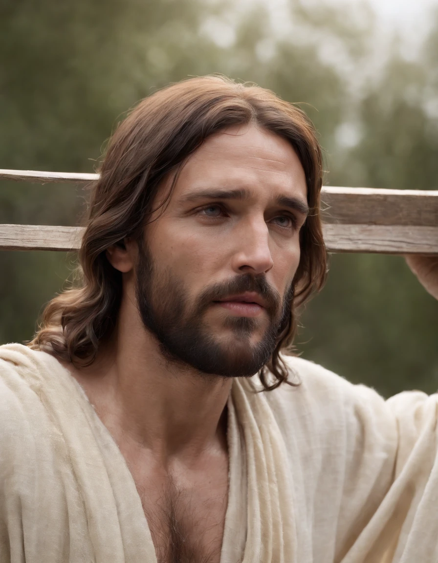 A photorealistic photo capturing Jesus on the cross, with a bird's-eye view looking straight down at Him. Crown of thrones. The focus of the image is on Jesus' face as He gazes up at the heavens, gasping for air in the midst of His crucifixion. The scene is set outdoors, with a clear sky in the background. The lighting should be dramatic, emphasizing the emotional intensity of the moment, with rays of sunlight breaking through the clouds to create a sense of divine presence.