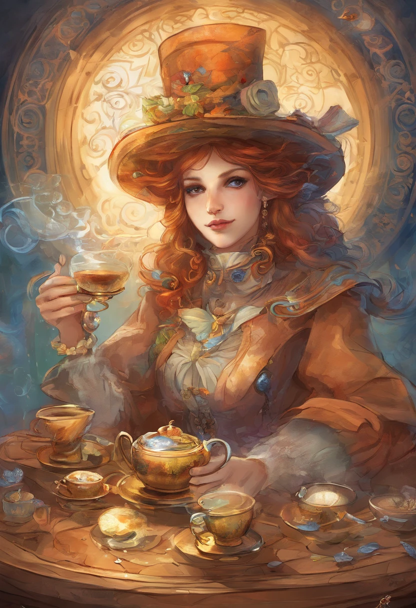 Um retrato pitoresco apresenta o Chapeleiro Maluco, de frente pra camera, exibindo sorriso extravagante. The Hatter holds a glass in front of the camera, com a tigela ligeiramente inclinada para baixo. De dentro do copo, a boiling tea oozes, decorated with a multitude of mathematical symbols that meander in mesmerizing spirals. This peculiar and chaotic scene is, ao mesmo tempo, A celebration and a challenge to the mind, a mathematical scream that seems to echo through the camera lens.