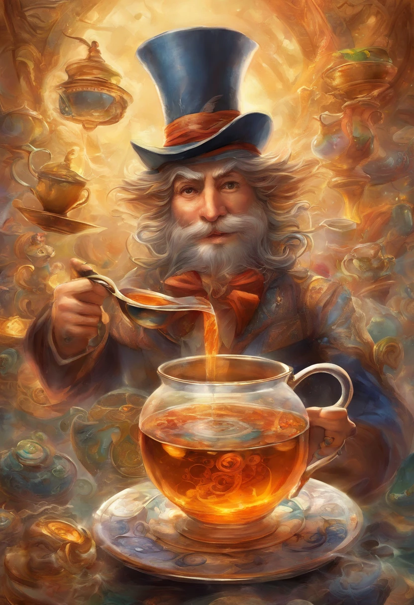 Um retrato pitoresco apresenta o Chapeleiro Maluco, de frente pra camera, exibindo sorriso extravagante. The Hatter holds a glass in front of the camera, com a tigela ligeiramente inclinada para baixo. De dentro do copo, a boiling tea oozes, decorated with a multitude of mathematical symbols that meander in mesmerizing spirals. This peculiar and chaotic scene is, ao mesmo tempo, A celebration and a challenge to the mind, a mathematical scream that seems to echo through the camera lens.