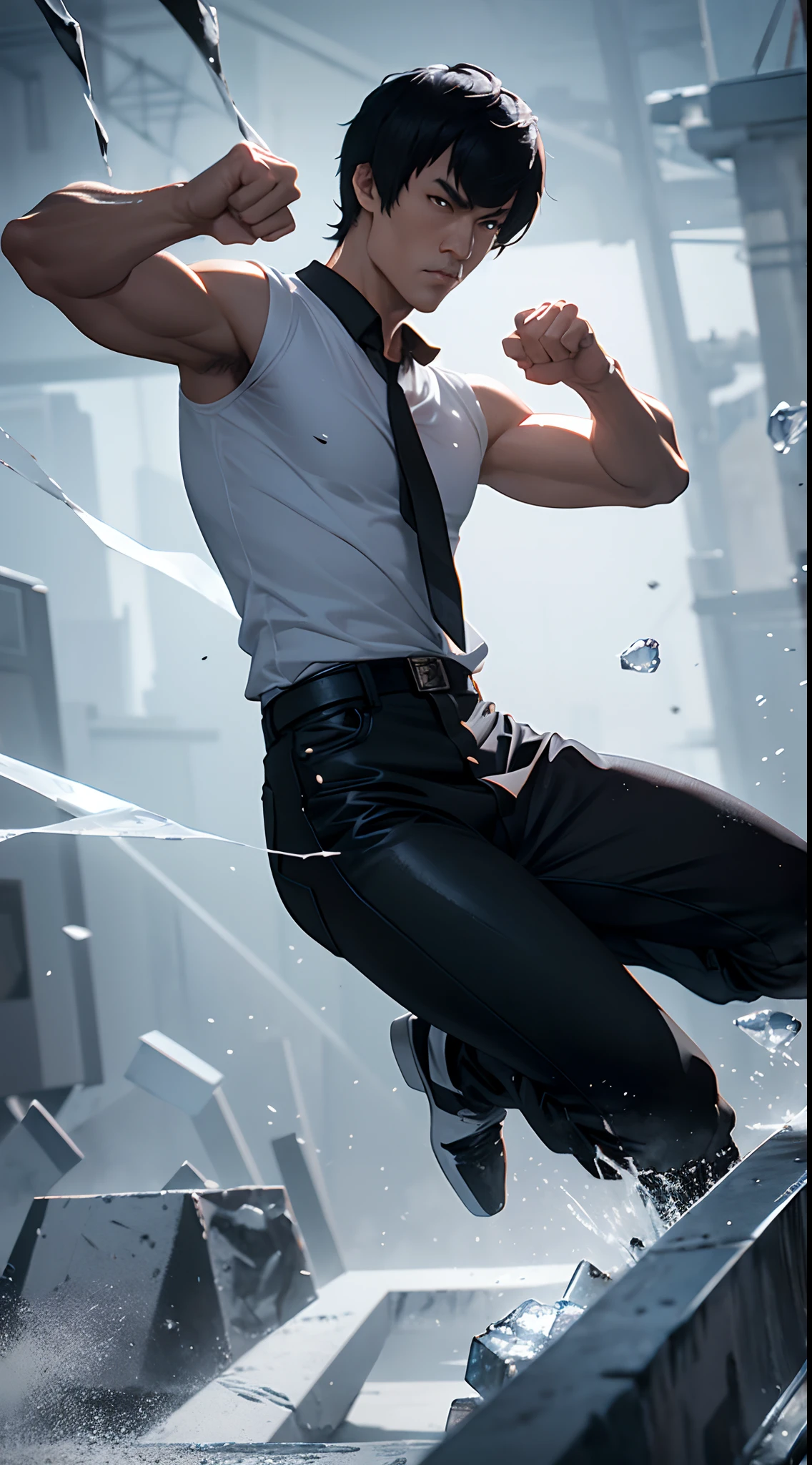 Bruce Lee wearing a white shirt and black jeans, shattering a huge block of ice with his fist, ice shattering from impact, by Bastien Grivet, graffiti airbrushing techniques, high definition, accent lighting, contrasted with bright paint colors, by Squal92i, Mysterious