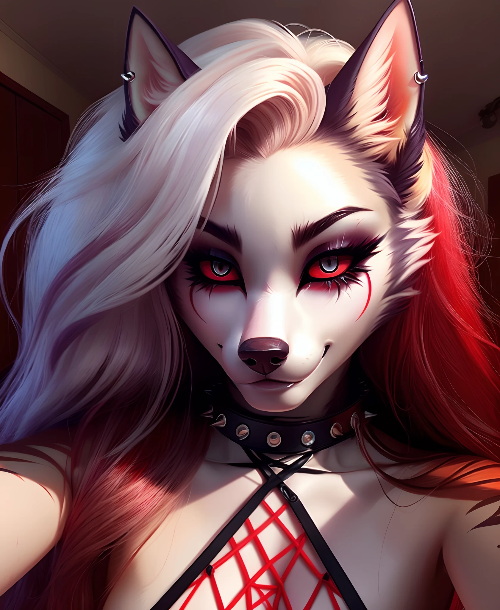 masterpiece, best quality, face portrait of a female anthro loona hellhound, loonacroptop, detailed face, (detailed eyes, slit pupils, white pupils:1.2), (red sclera), smile, [spiked collar, pentagram], (looking at viewer), selfie