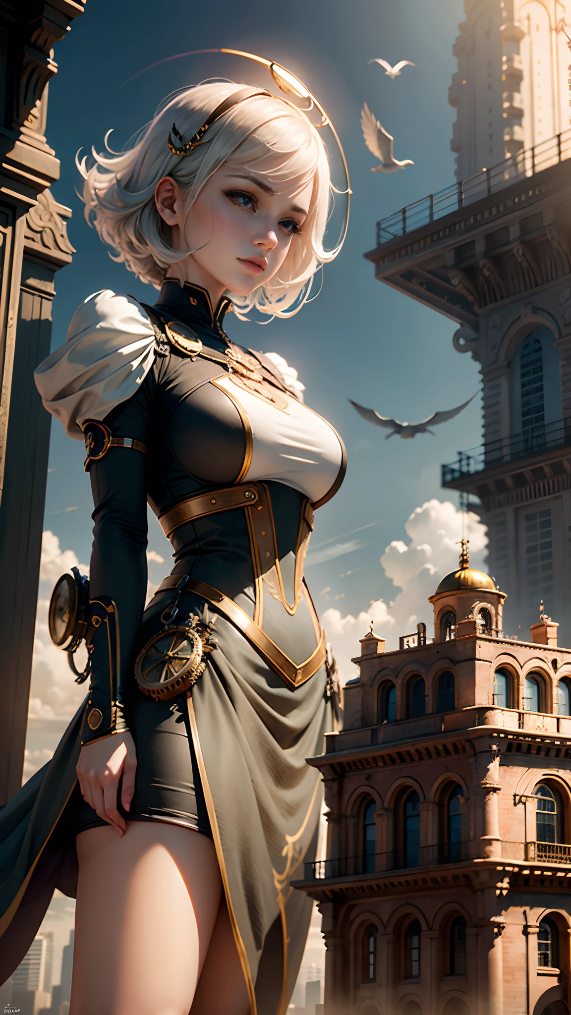 true-to-life visuals, captivating beauty,dramatic contrasts,gentle illumination, delicate warmth, soft light, ultra high definition, colourful, best quality, perfect female figure, high dynamic range, long eyelash, unparalleled masterpiece, pale skin, make up,
nova,1girl, solo, short hair,lay on airship, tower, scenery, aircraft, steampunk, bird, cloud, sky, gears, no humans, building, outdoors, city, science fiction, sunset, crane (machine)