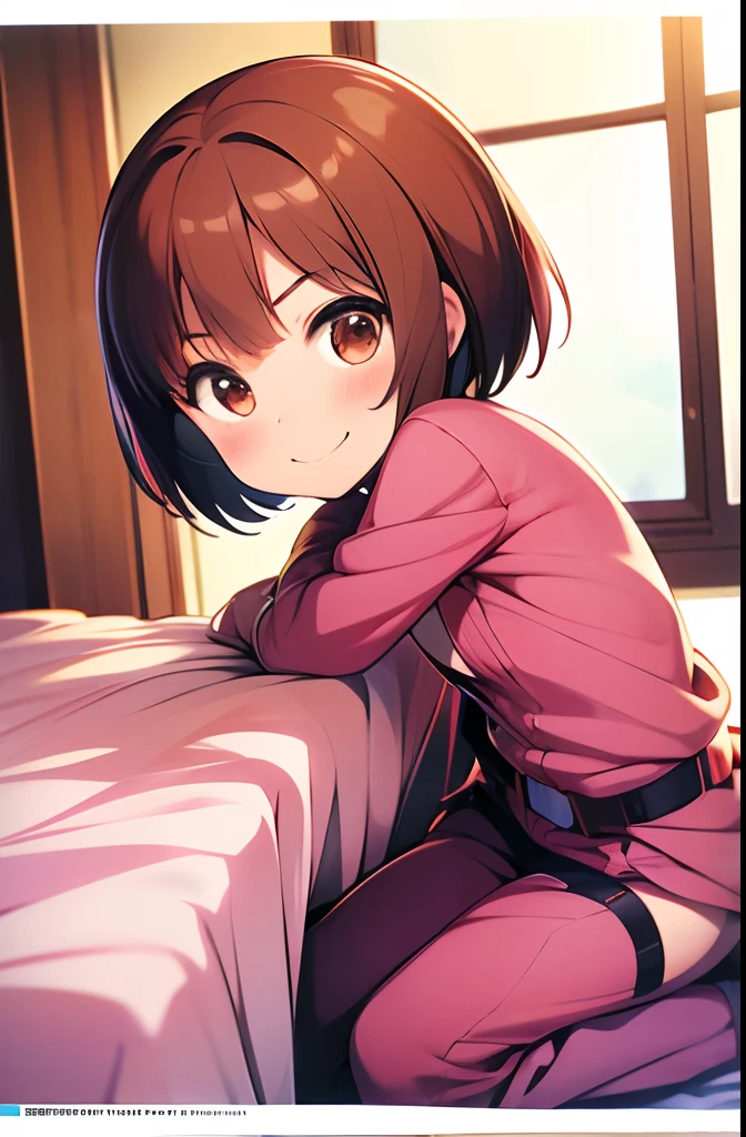 1girl, absurdres, barefoot, bed_sheet, belt, blush, brown_eyes, brown_hair, cloud, cloudy_sky, day, highres, indoors, jacket, llenn_(sao), looking_at_viewer, megami_magazine, nishimura_rie, official_art, on_bed, open_clothes, open_jacket, pants, pink_jacket, pink_pants, scan, shirt, short_hair, sitting, sky, smile, solo, sword_art_online, sword_art_online_alternative:_gun_gale_online, white_shirt, window, yokozuwari