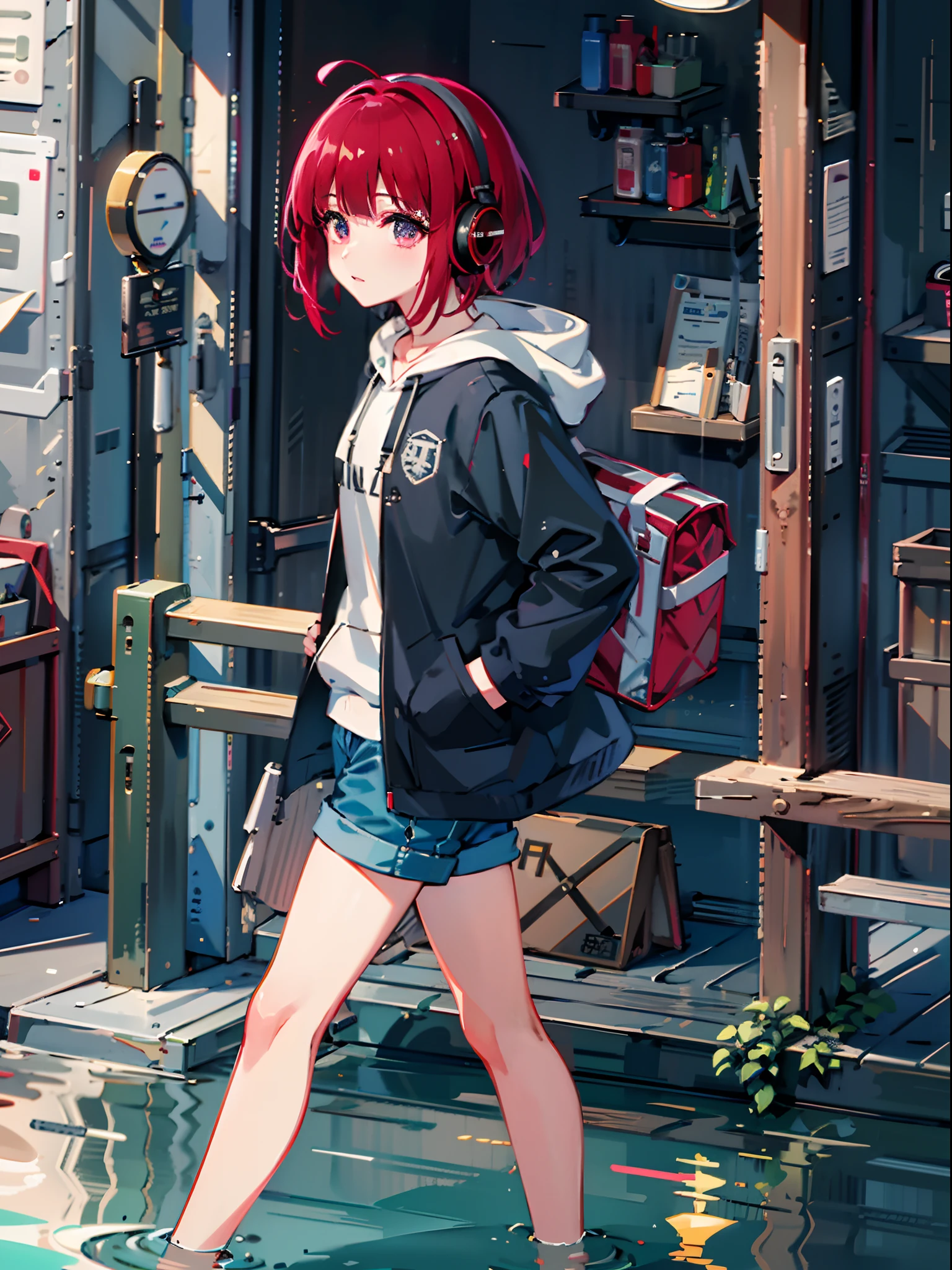8K分辨率、((top-quality))、((masterpiece))、((ultra-detailliert))、1 woman、独奏、incredibly absurdness、Oversized hoodies、headphones、Street、plein air、Rain at night、neons、Shortcut Hair、Brightly colored eyes、Hands in pockets、shortpants、water dripping