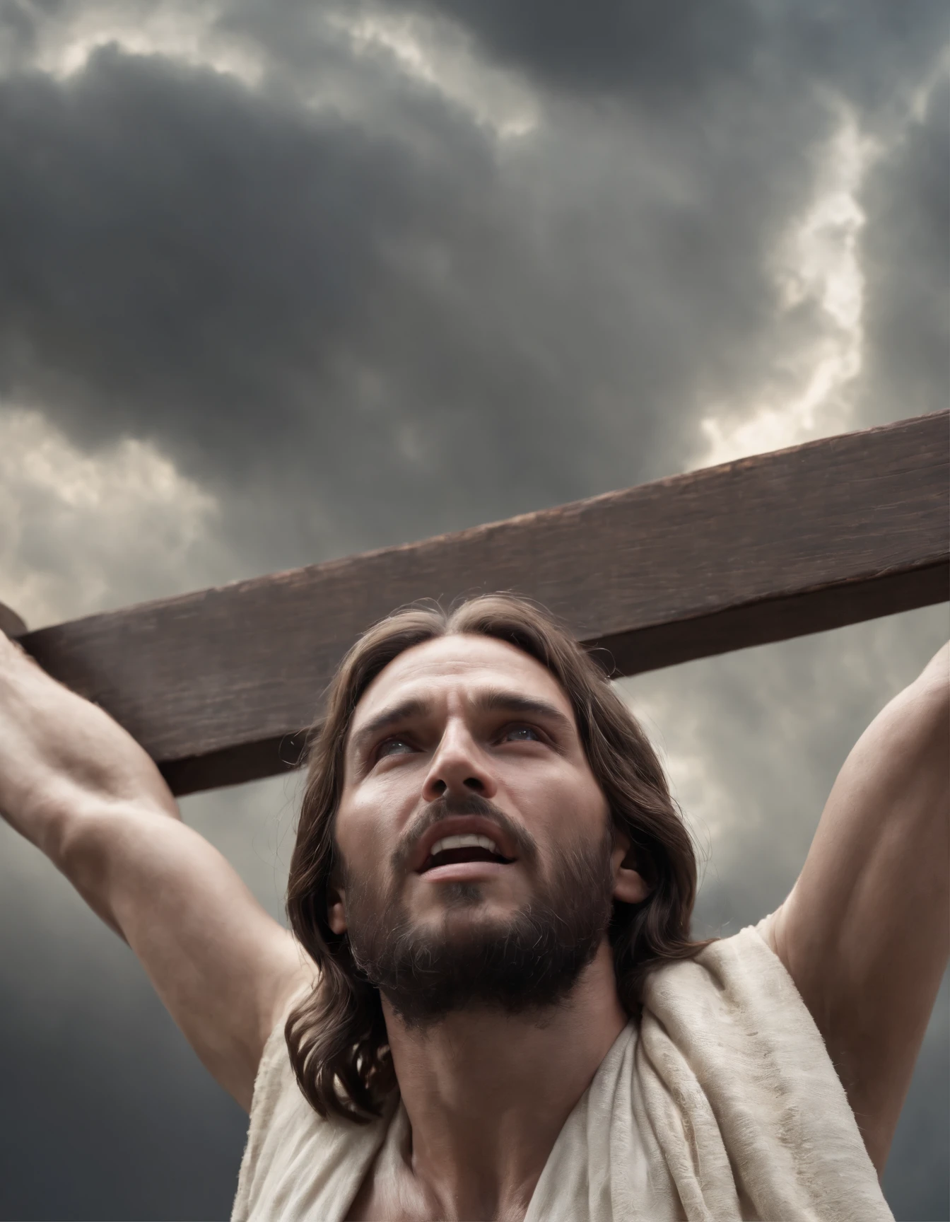 scene captured from a bird's eye view, looking straight down at Jesus on the cross, Jesus, with arms outstretched, hangs upon the cross, his gaze directed upward toward the heavens, His expression reflects the profound moment of sacrifice and redemption, his eyes filled with both anguish and unwavering faith.