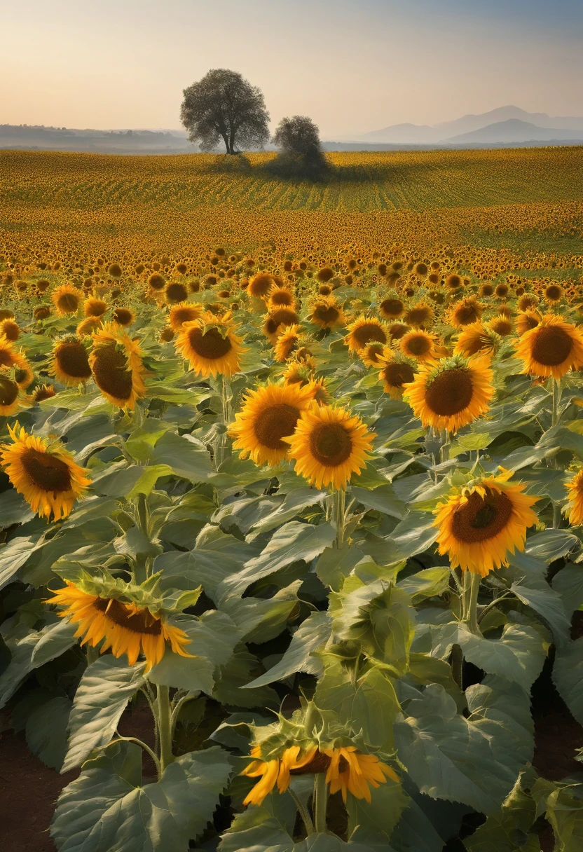 Clear blue sky,A sunflower field、unreal enginee 5, Cinematic, low angle photo, Motion Blur, depth of fields,  Perfect color grading.  ultra-detailliert, Beautiful, insanely detaileda, Intricate details, Editorial Photography, Shot with a 50mm lens, depth of fields, Tilt Blur, Shutter Speed 1/1000, F/22. Lightmaps, Super bright