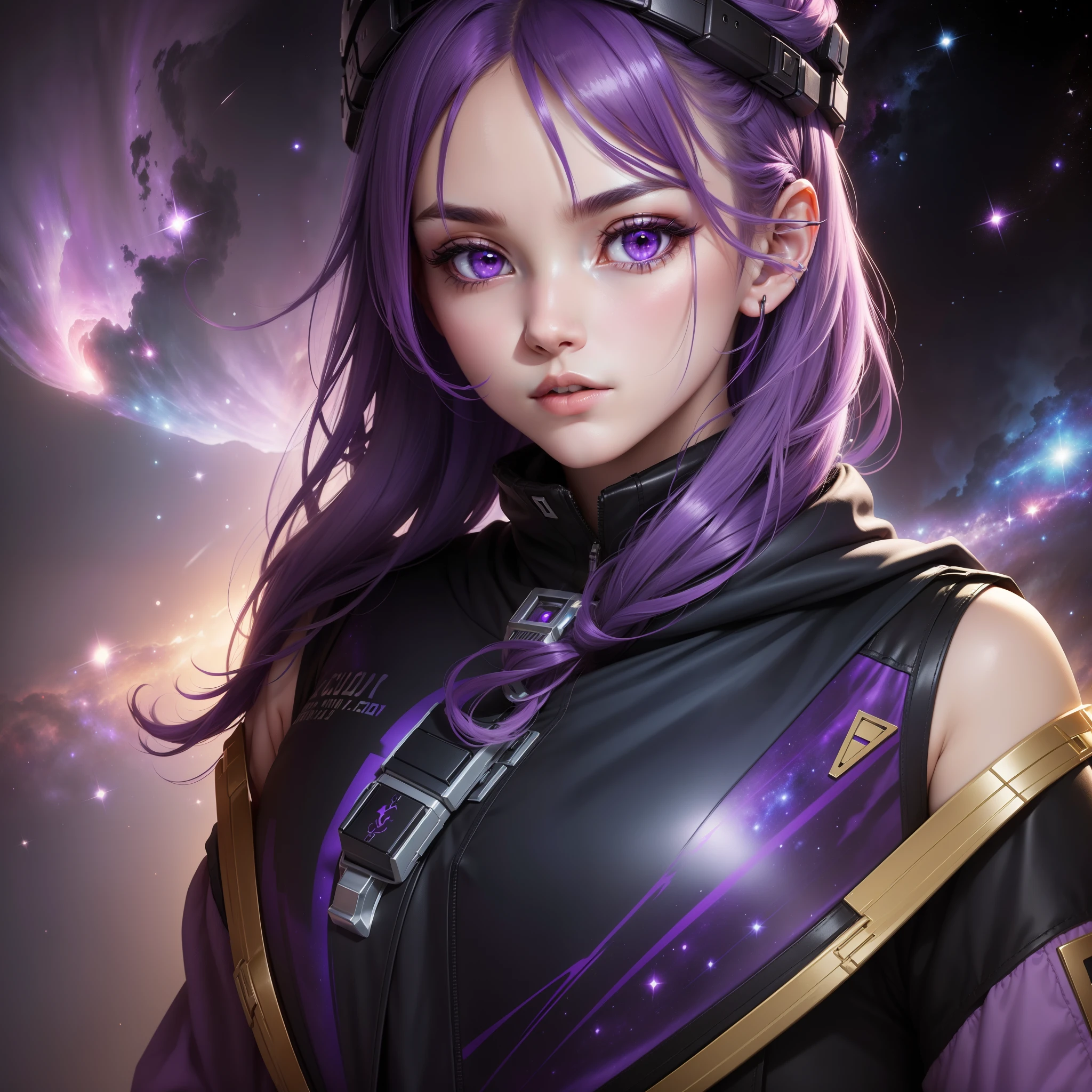 1girl, Beautiful girl, (purple hair), ((Eyes the color of the galaxy sky)), selfie, Realistic, ultra-detail