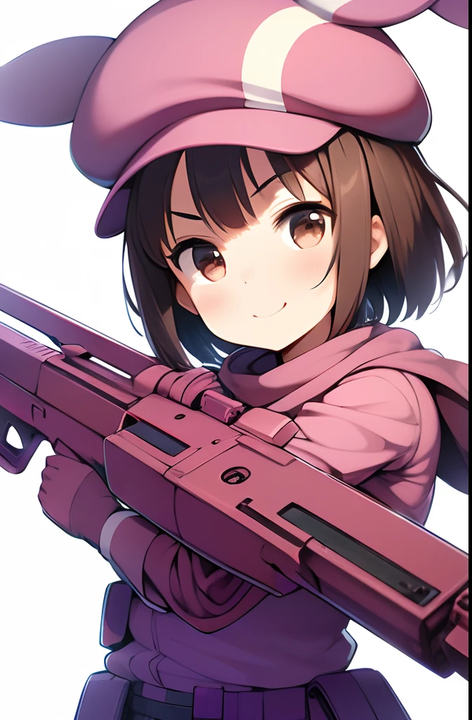 1girl, >:), animal_ears, animal_hat, blush, brown_eyes, brown_hair, bullpup, closed_mouth, commentary_request, gloves, gun, hat, holding, holding_gun, holding_weapon, jacket, llenn_(sao), long_sleeves, looking_at_viewer, noa_yj, p-chan_(p90), p90, pink_gloves, pink_headwear, pink_jacket, pink_theme, rabbit_ears, rabbit_hat, simple_background, smile, solo, sparkle, submachine_gun, sword_art_online, sword_art_online_alternative:_gun_gale_online, v-shaped_eyebrows, weapon, white_background