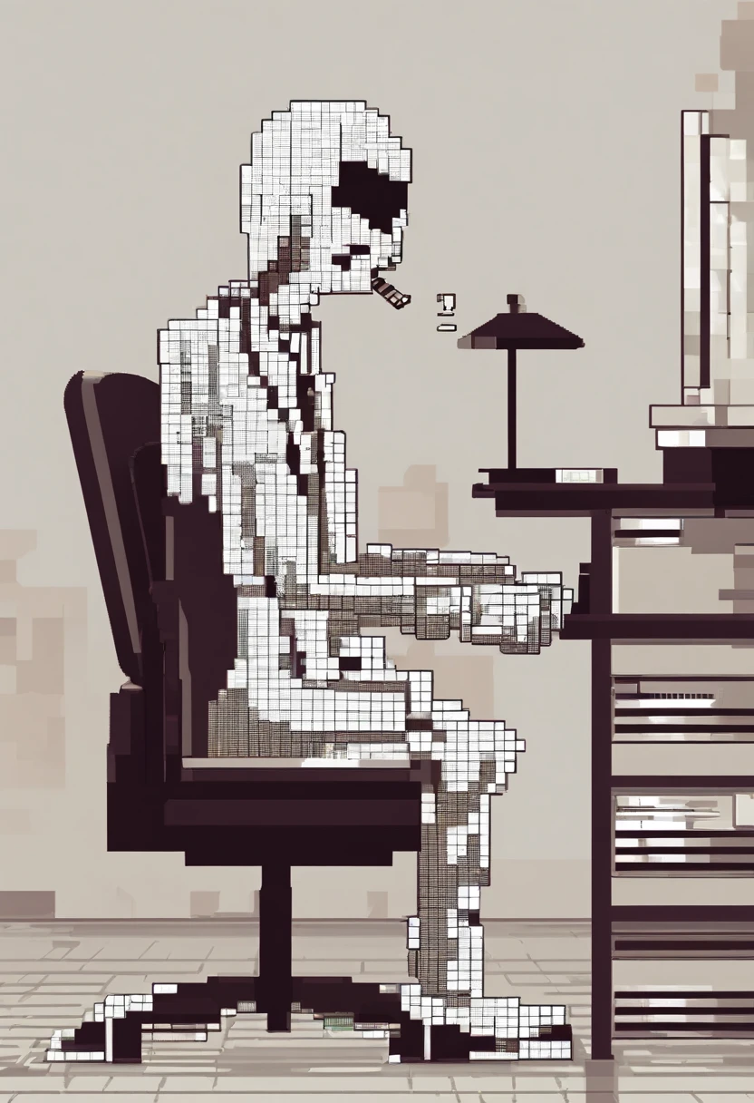 Round faced stickman figure sitting on a desk chair smoking cigarette from side view.