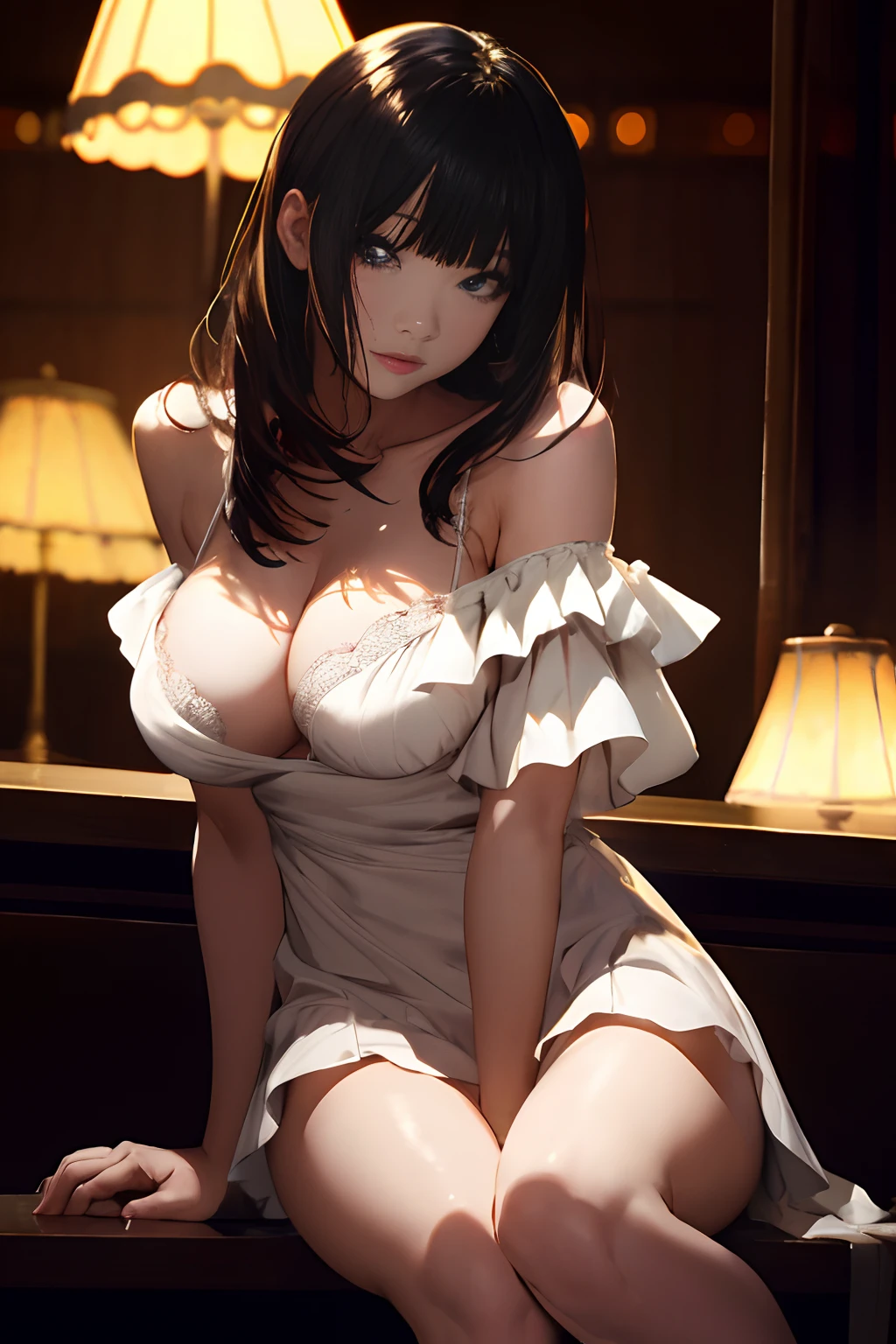 ultra realistic 8k cg、picture-perfect face、flawless、clean、​masterpiece、Professional artwork、famousartwork、face perfect、beautiful countenance、beautidful eyes、((Perfect female body))、独奏、(Immersive atmosphere、Chiaroscuro:1.5、brightened light:1.2、Luminous lighting)
、、(red blush:0.5)、Seductive look、Very detailed_eyes、thick thight、large full breasts、
beautifullydetailedbackground、depth of fields、realisitic:1.3、longshot、1girl in、Off-shoulder vertical ribbed fabric dress、sitting on、full bodyesbian、
(ambient lights:1.3)、(Cinematic compositions:1.3)、(neon light:0.1)、(HDR:0.1)、AccentLighting、pin heels、BAR