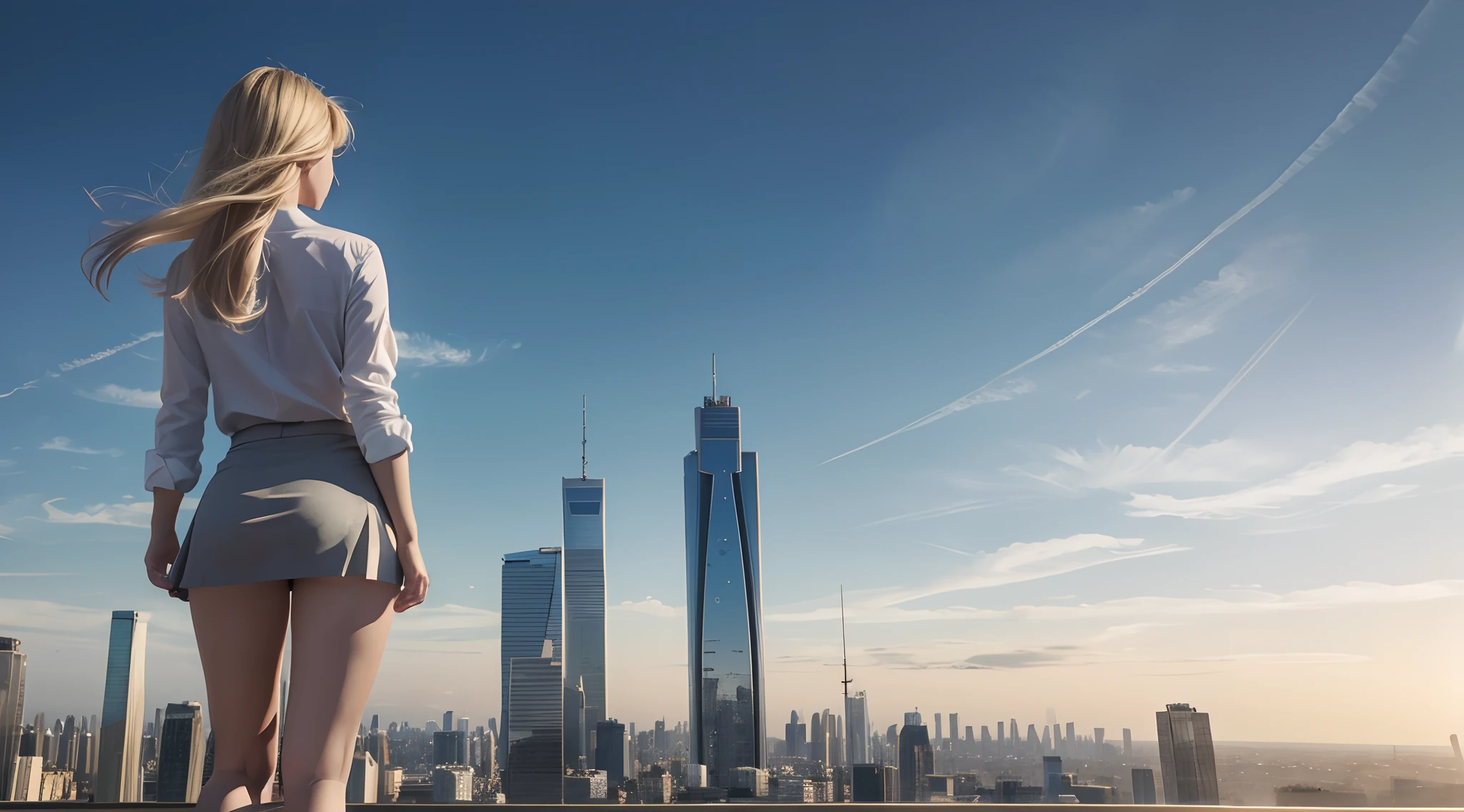 ​masterpiece, 8K, top-quality, realistic, 1girl, from back, from below, ultrawide angle, ultrawide view, deep perspective view, panoramic view of a city, looking away, from below, casual white shirt and grey miniskirt, white panties under skirt, blond hair, beautiful legs, full body, overlooking a vast city, golden hour, standing on a high rooftop above the city, a field of skyscrapers in the distance, Horizon line, alone