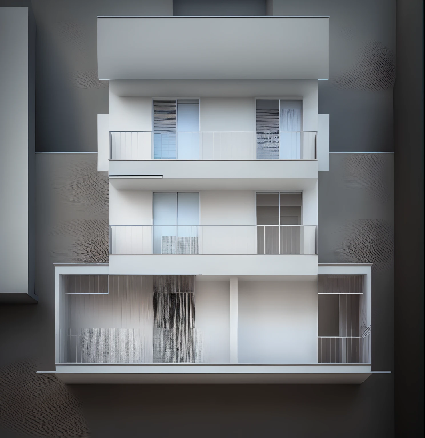 a drawing of a three-story building with balconies and balconies, street elevation, elevation view, front and side elevation, building facing, front elevation view, Casa completa, front elevation, Modelo 3D, ..3d, best resolution, 8k, melhor qualidade, parede de azulejos gelo, peitoril em vidro, esquadrias em aluminio, porta de vidro