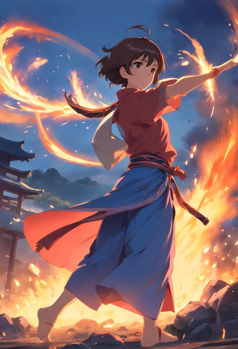 O rapaz de combate quente pegou o pau de fogo,Batalhas sangrentas no campo de batalha,Usando Hanfu,
