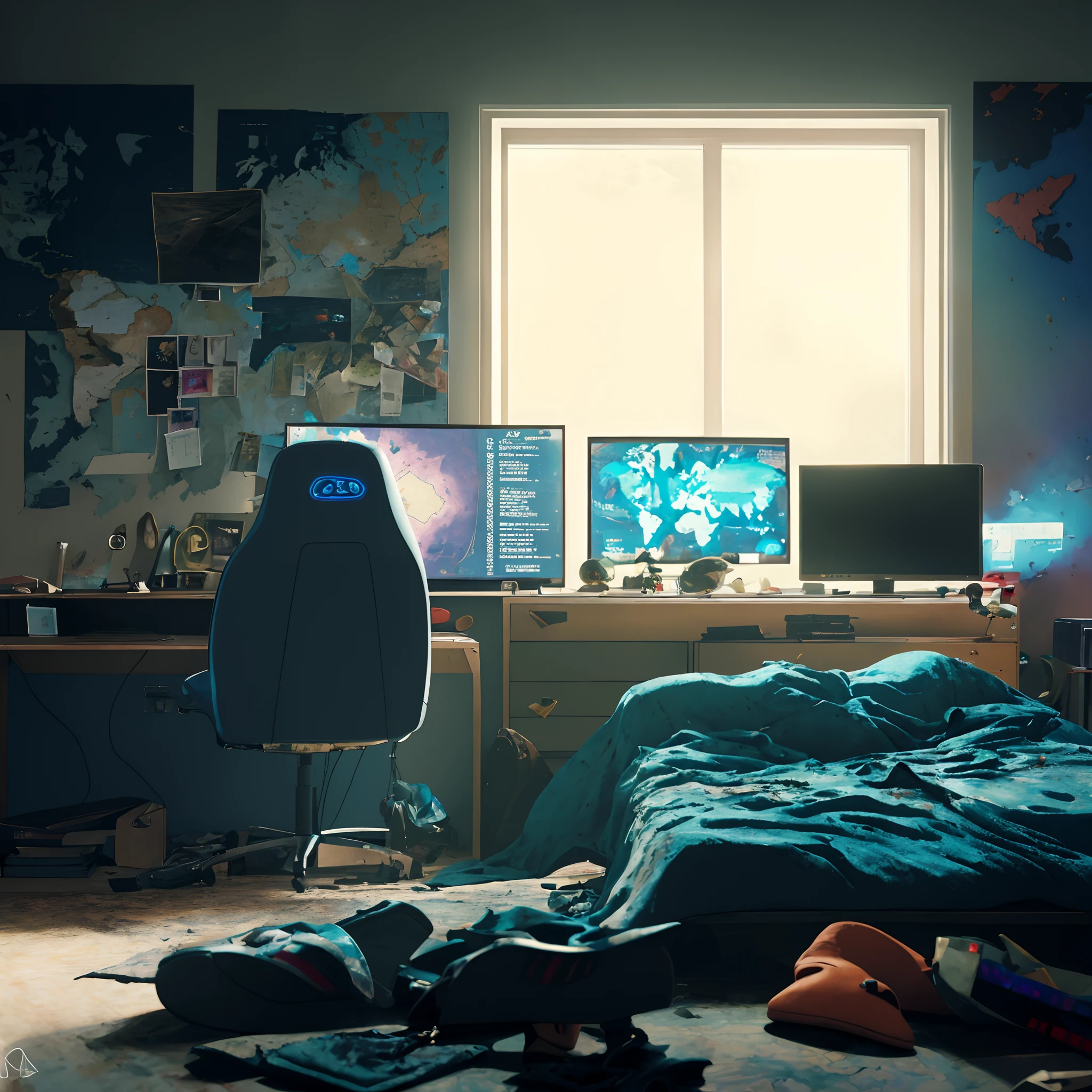 best quality,4k,8k,highres,masterpiece:1.2),ultra-detailed,(realistic,photorealistic,photo-realistic:1.37),teenage man's bedroom,unmade bed,closed window in the morning,gaming chair,RGB monitor,RGB gaming cabinet,world map on the wall,desk with books and stationary,posters of favorite bands,stacked gaming controllers,headset on the desk,open pizza box,dirty clothes on the floor,soft natural lighting,cool blue color tone,A shoe and sock thrown on the floor, (photorealistic:1.37), (ultra-detailed), (dynamic illumination), (rich colors), (8k), (wallpaper), textured surface, worn-out appearance, wooden floor, contrasting shadows, slight reflection on the shoe, compelling composition, messy arrangement, sunlight streaming through the window, vibrant colors, exquisite details, intricate pattern on the sock, fine wrinkles on the shoe, high-resolution image