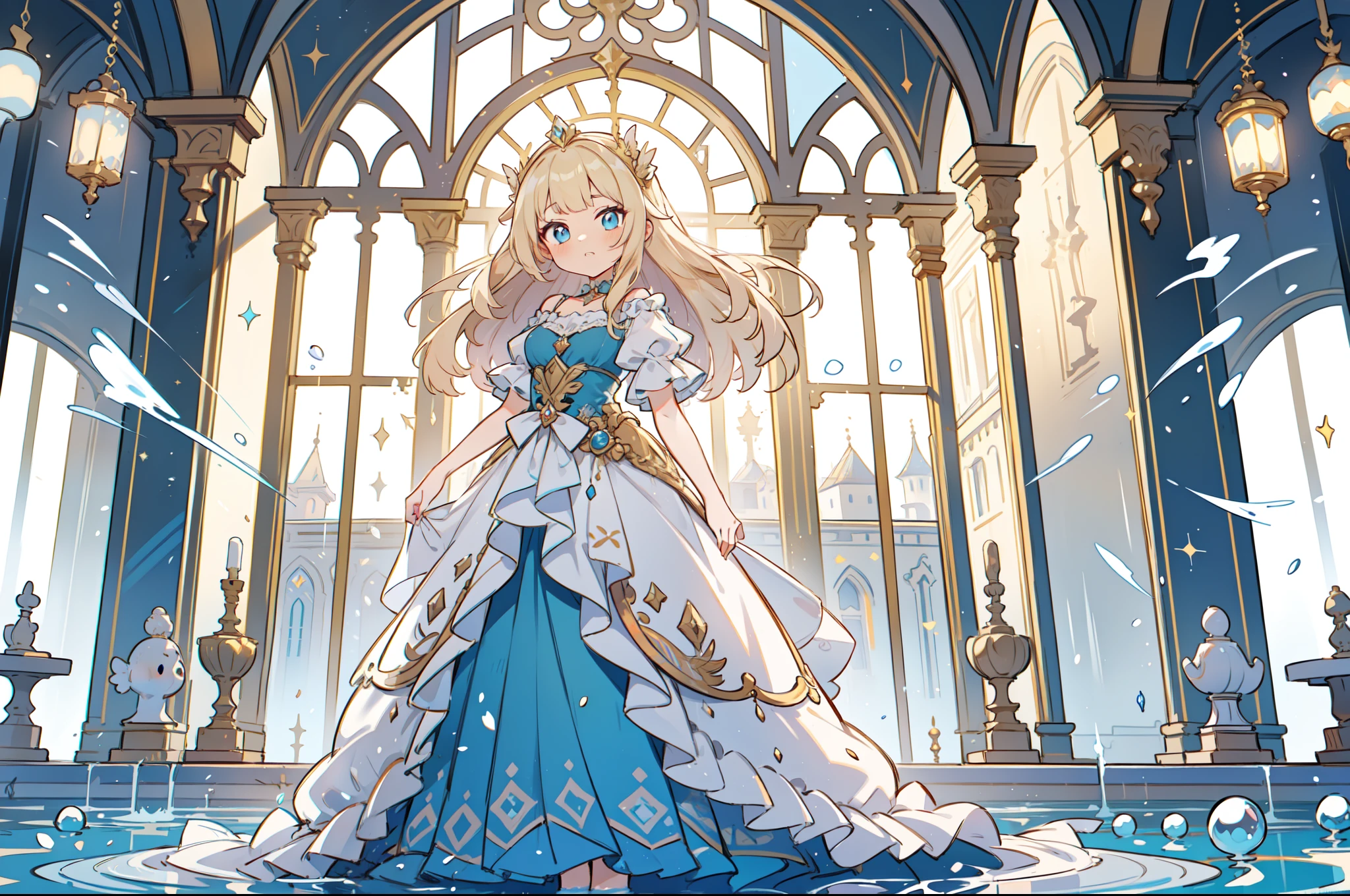 A noble lady standing in a room of a palace in the city of water, where water objects are installed in the castle. She has a beautiful face and shining eyes of vivid colors. She wears a dress of intricate and delicate decoration. A waterfall flows through the palace. Detailed drawing. Vivid colors. High image quality.