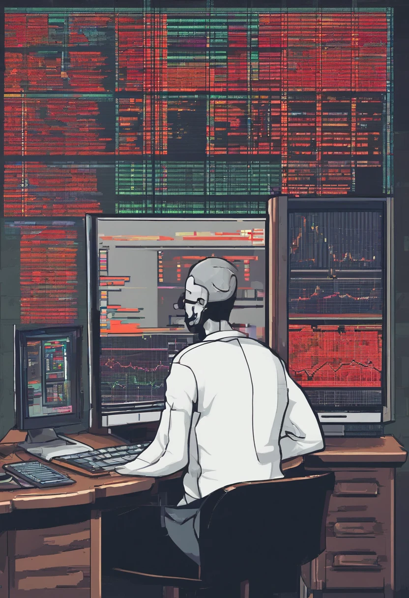 Round faced stickman figure sitting on a desk chair smoking cigarette from side view. Looking at crypto market crashing chart on the screen in private modern space themed room