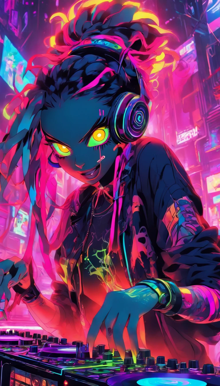Colorful, hyper-realistic , cyberpunk, Psychedelic zombie female DJ plays dj instruments very crazy, looks intense, unlimited energy, full of passion, expression is so extraordinary, wearing vampire clothes integrated with modern cyberpunk dj costumes, complete with headphones and mic, tattooed cleavage, tattooed arms. DJ musical instruments are so sophisticated, neon cables everywhere, colorful neon cables add a futuristic impression that is so strong, psychedelic, neon wires, colorful, energy, sweat, crowd, epic futurism, crazy, explosive, high_res, very detailed