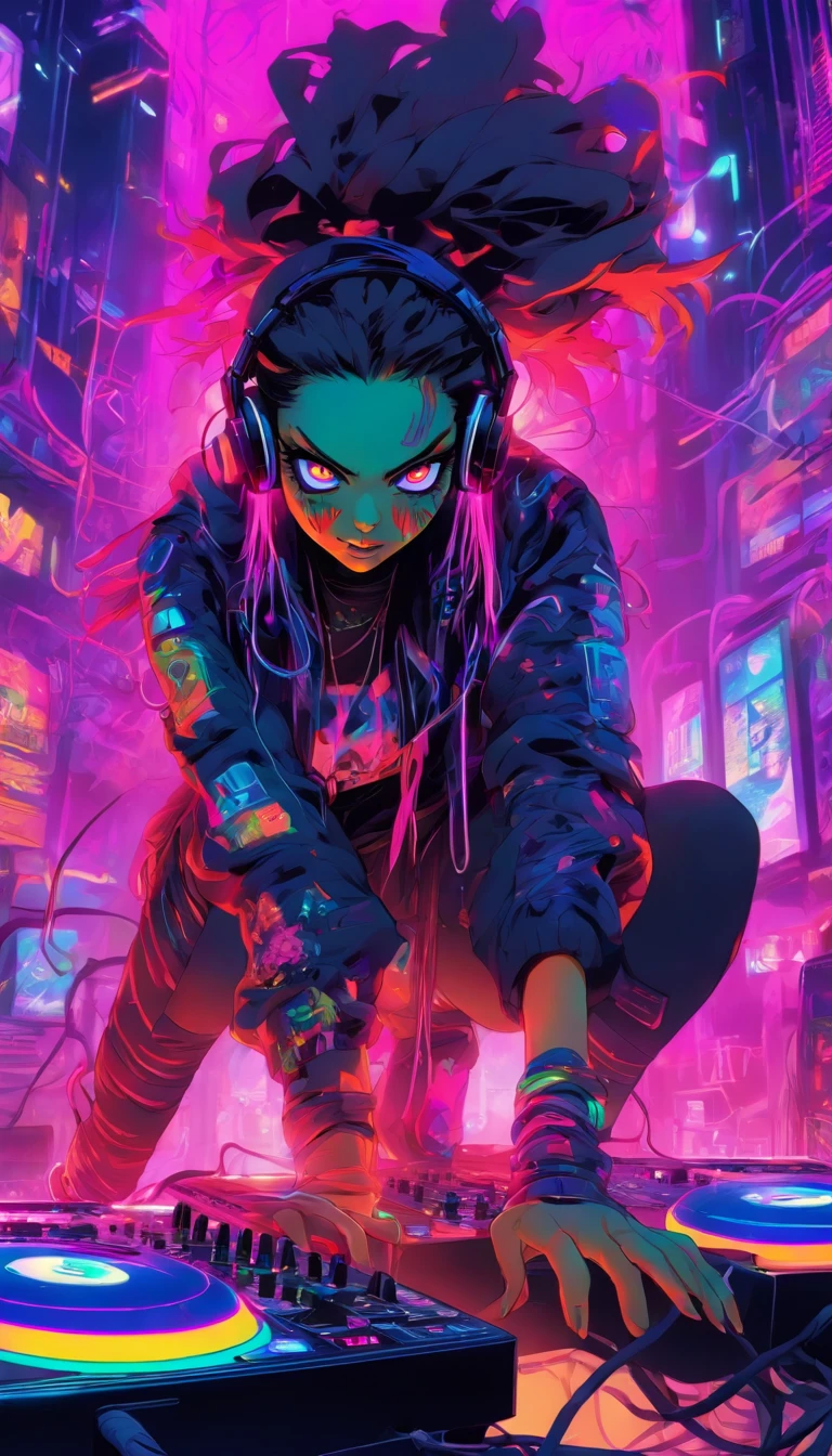 Colorful, hyper-realistic , cyberpunk, Psychedelic zombie female DJ plays dj instruments very crazy, looks intense, unlimited energy, full of passion, expression is so extraordinary, wearing vampire clothes integrated with modern cyberpunk dj costumes, complete with headphones and mic, tattooed cleavage, tattooed arms. DJ musical instruments are so sophisticated, neon cables everywhere, colorful neon cables add a futuristic impression that is so strong, psychedelic, neon wires, colorful, energy, sweat, crowd, epic futurism, crazy, explosive, high_res, very detailed