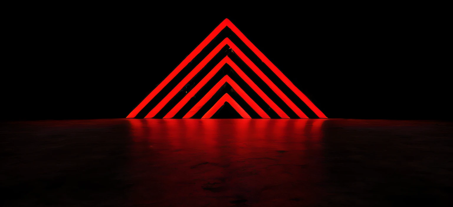 a light shaped like a red triangle glows in the dark, Volumetric lighting. vermelho, red neon lights inside it, red neon light, red neon lights, neon vermelho, symmetrical lights, lit from below with red lighting, in triangular formation, Neon geometry, red demon cyberpunk symbols, darkness aura red light, geometric backdrop; LED, minimalismo angular