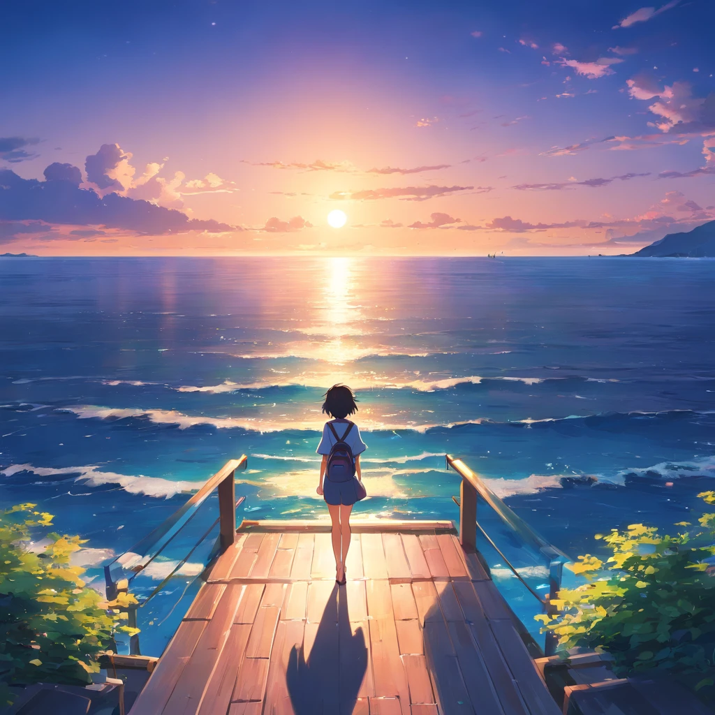 8k, best quality, master part, scenecy,pier,cais, mar, litoral, Postes de energia, longas pontes de pedra que se estendem para o mar, scenic view, a jet plane flying over the sky leaving two white air marks. blue skies, Sunset, Noite, Seaside reefs
