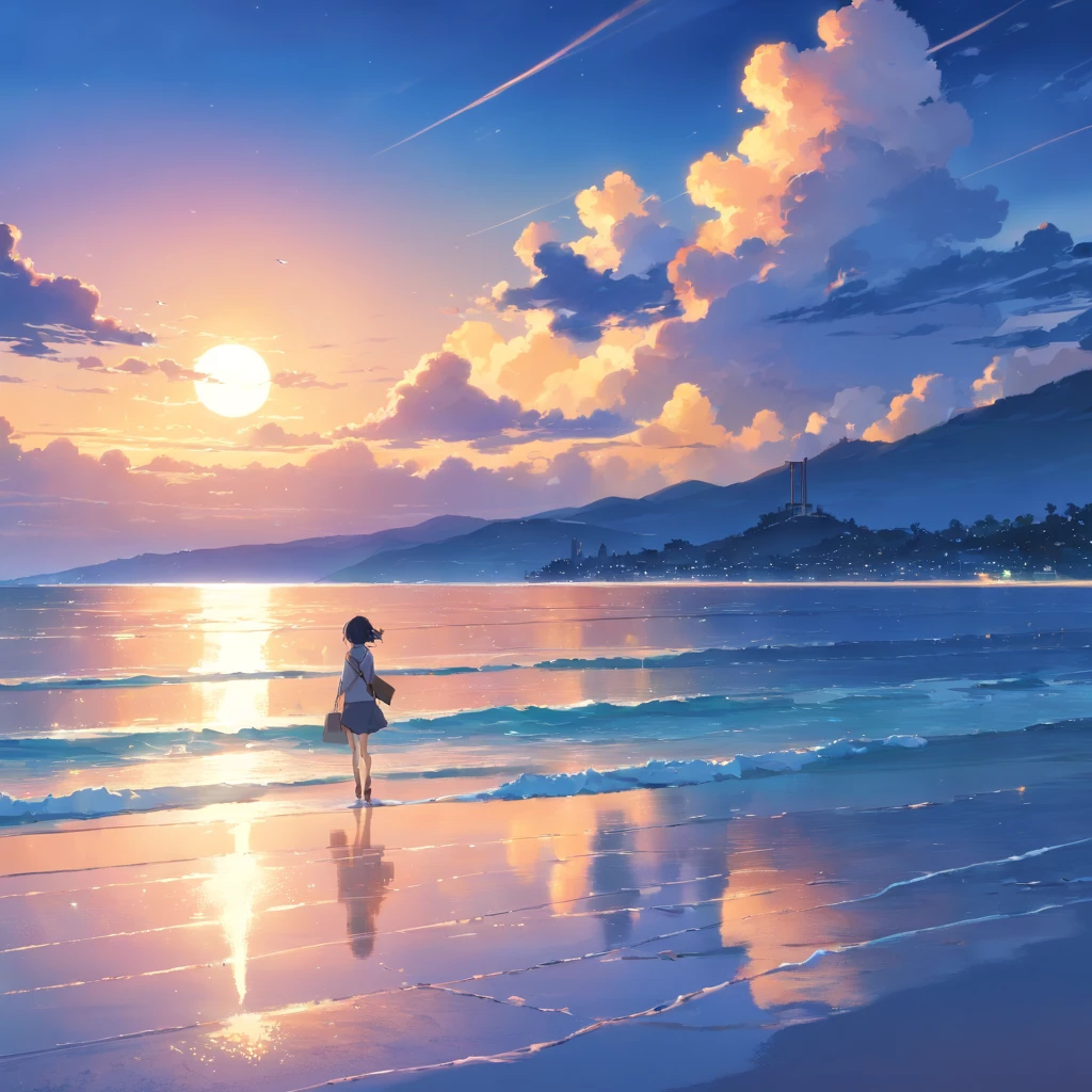 8k, best quality, master part, scenecy,pier,cais, mar, litoral, Postes de energia, longas pontes de pedra que se estendem para o mar, scenic view, a jet plane flying over the sky leaving two white air marks. blue skies, Sunset, Noite, Seaside reefs