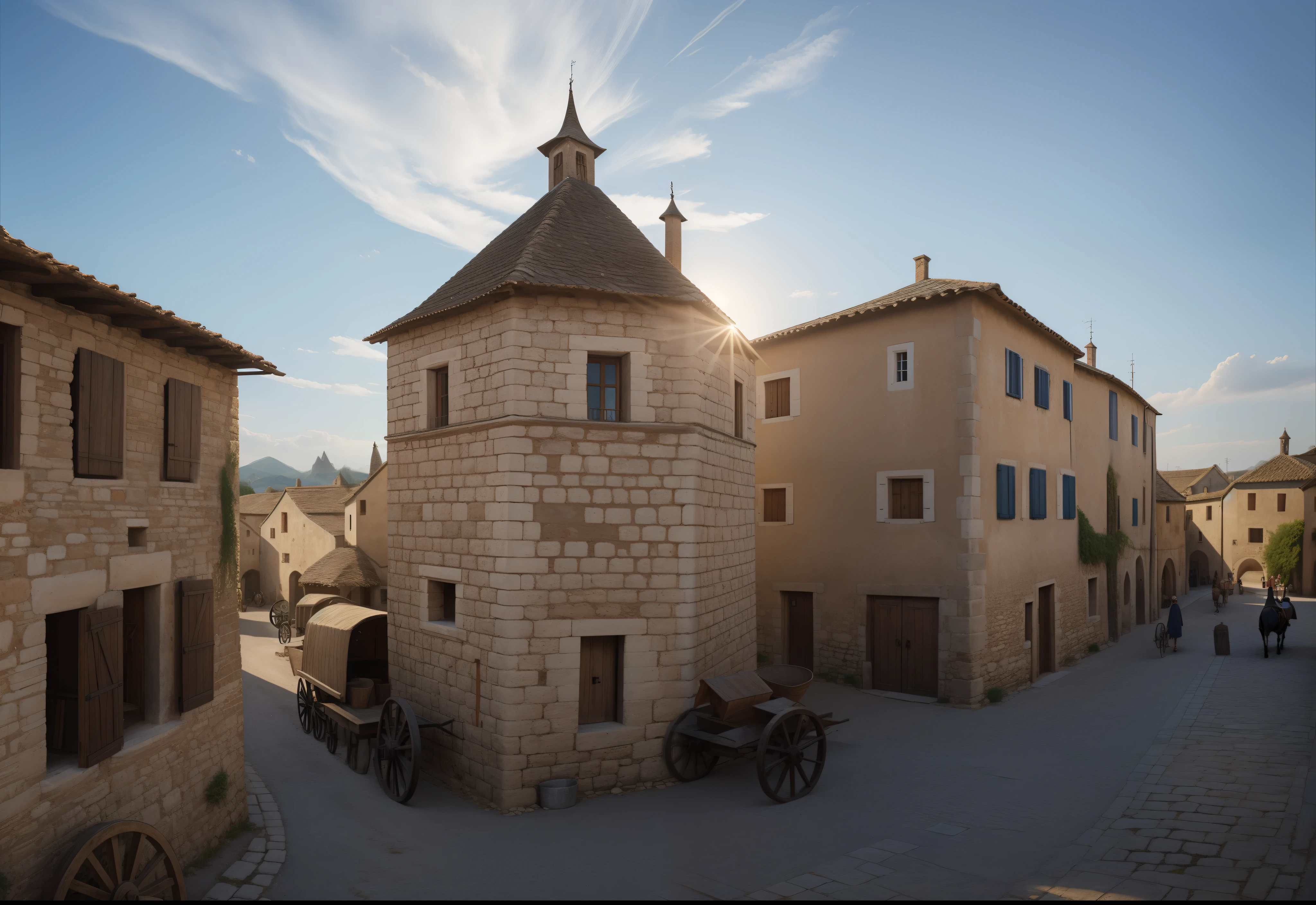 a photography of a white granary in a square of a medieval village, there are a few carriages with hay and people diong their business, hyperrealistic