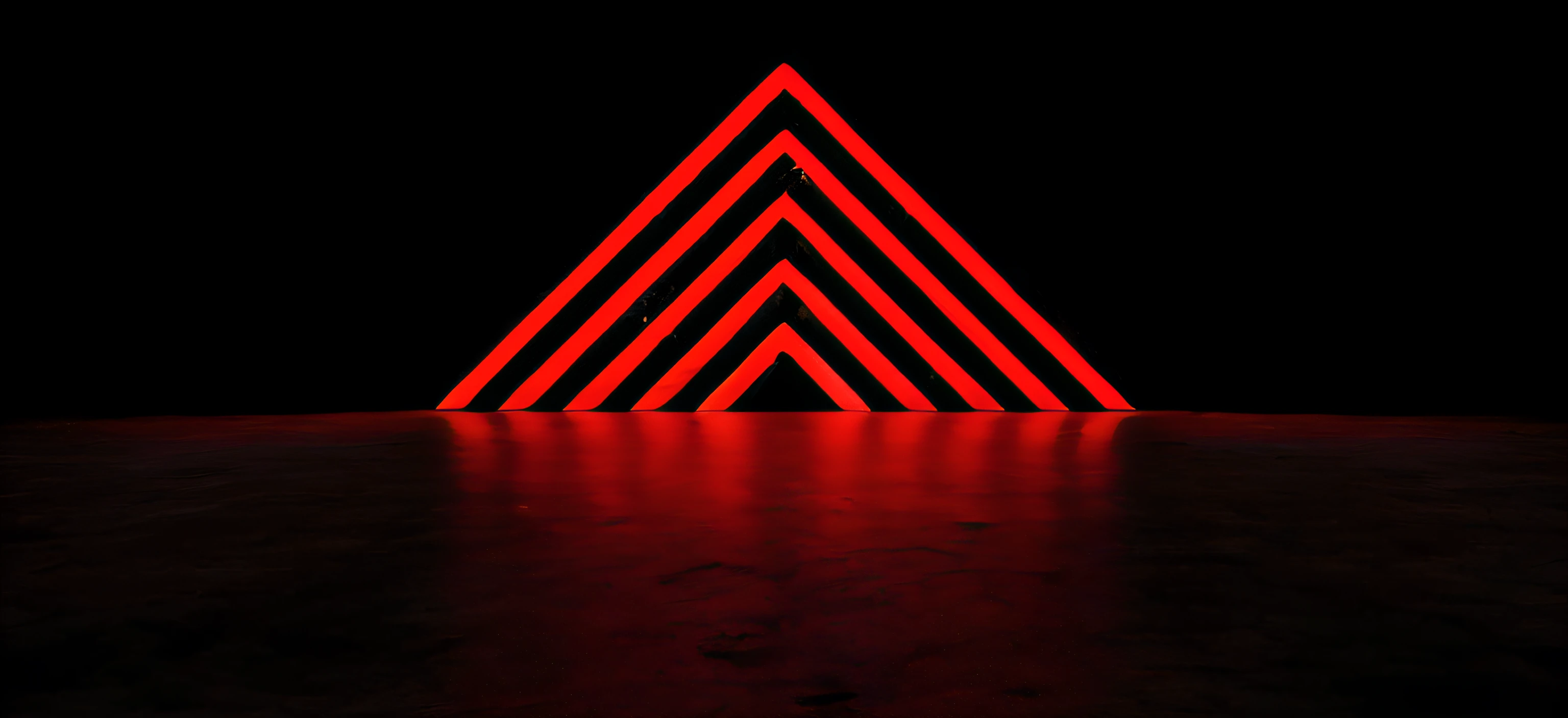 a light shaped like a red triangle glows in the dark, Volumetric lighting. vermelho, red neon lights inside it, red neon light, red neon lights, neon vermelho, symmetrical lights, lit from below with red lighting, in triangular formation, Neon geometry, red demon cyberpunk symbols, darkness aura red light, geometric backdrop; LED, minimalismo angular