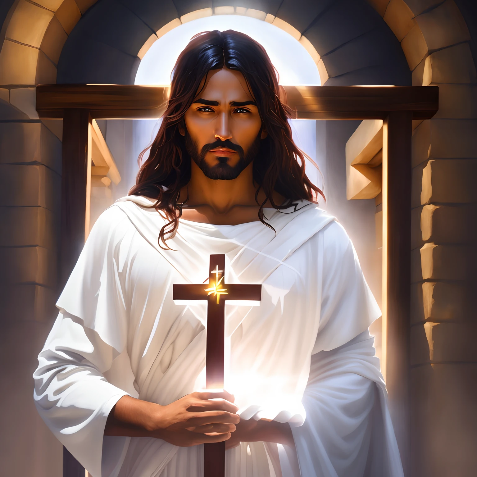 arafed man in a white robe dark skin, thunder bolts of lightning, holding a cross in front of a doorway, jesus christ with a aura and a halo, portrait of jesus christ, jesus of nazareth, dressed like jesus christ, holy sword in his hands, the lord and savior, jesus, jesus on cross, bright light masterpiece, fan art, jesus christ in mass effect, jesus on the cross, christian art
